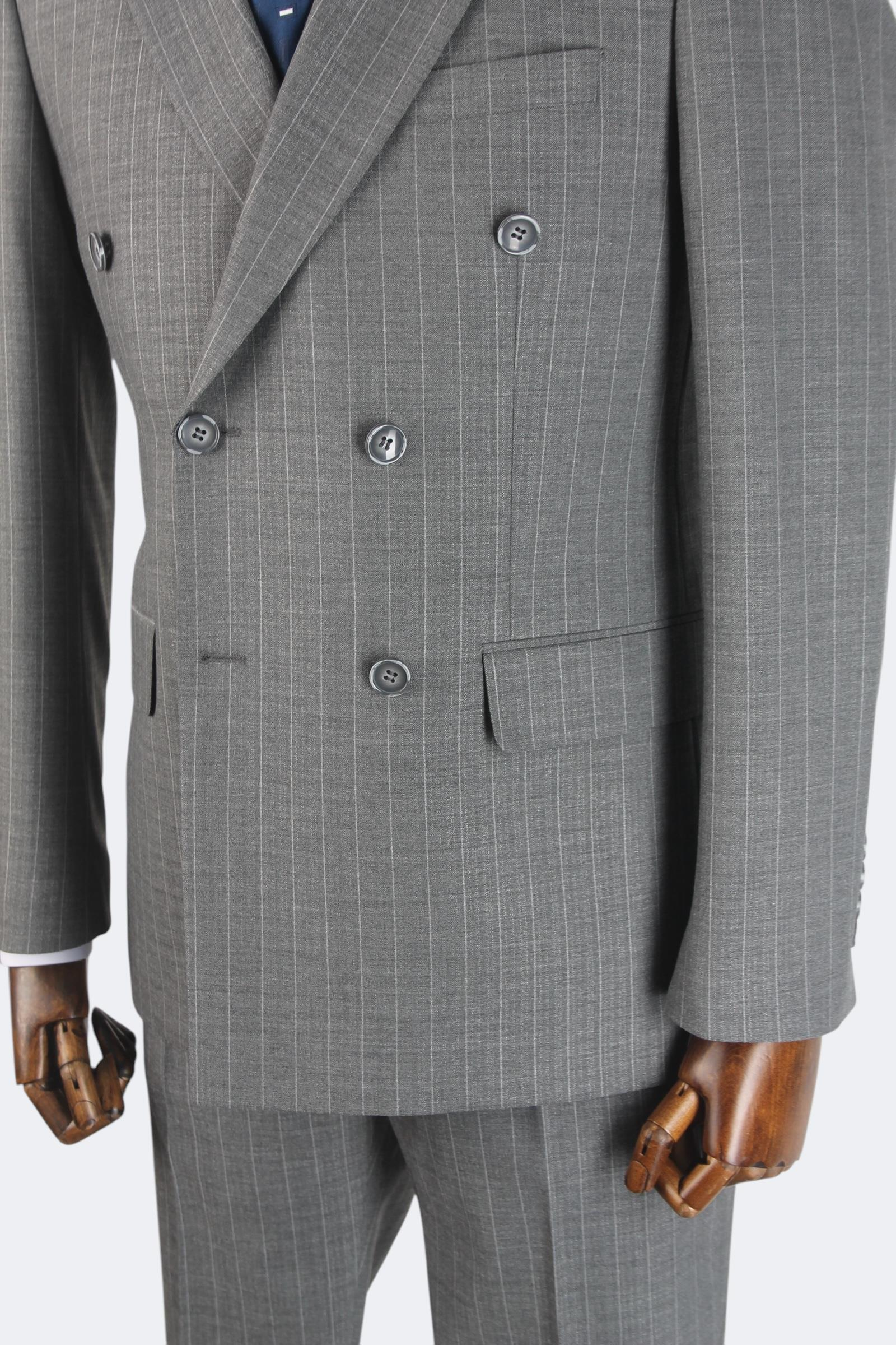 Erkek Slim Fit Gri Renk Çizgili Kruvaze Takım Elbise