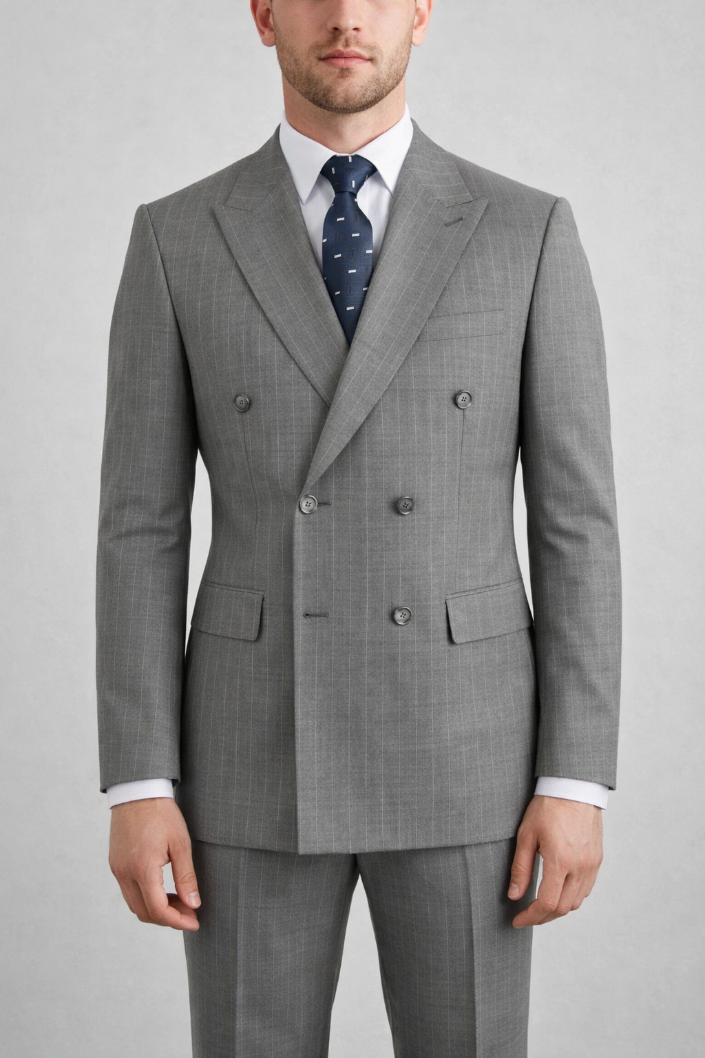 Erkek Slim Fit Gri Renk Çizgili Kruvaze Takım Elbise