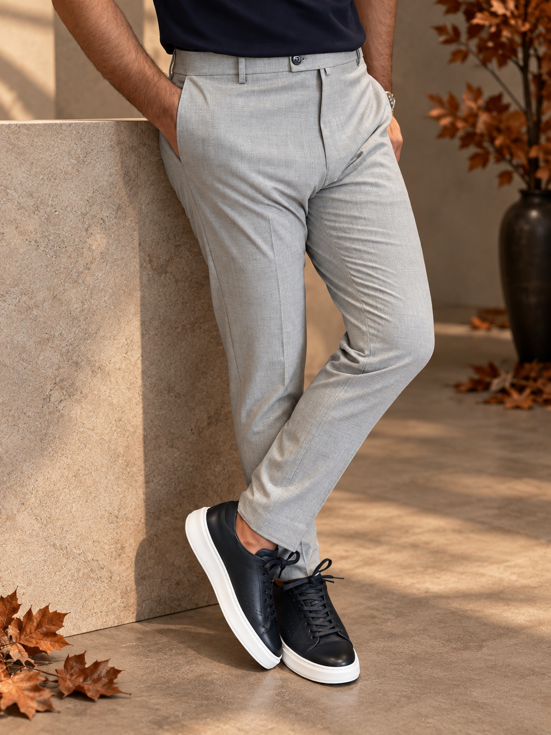 Erkek Slim Fit Gri Renk Kumaş Pantolon