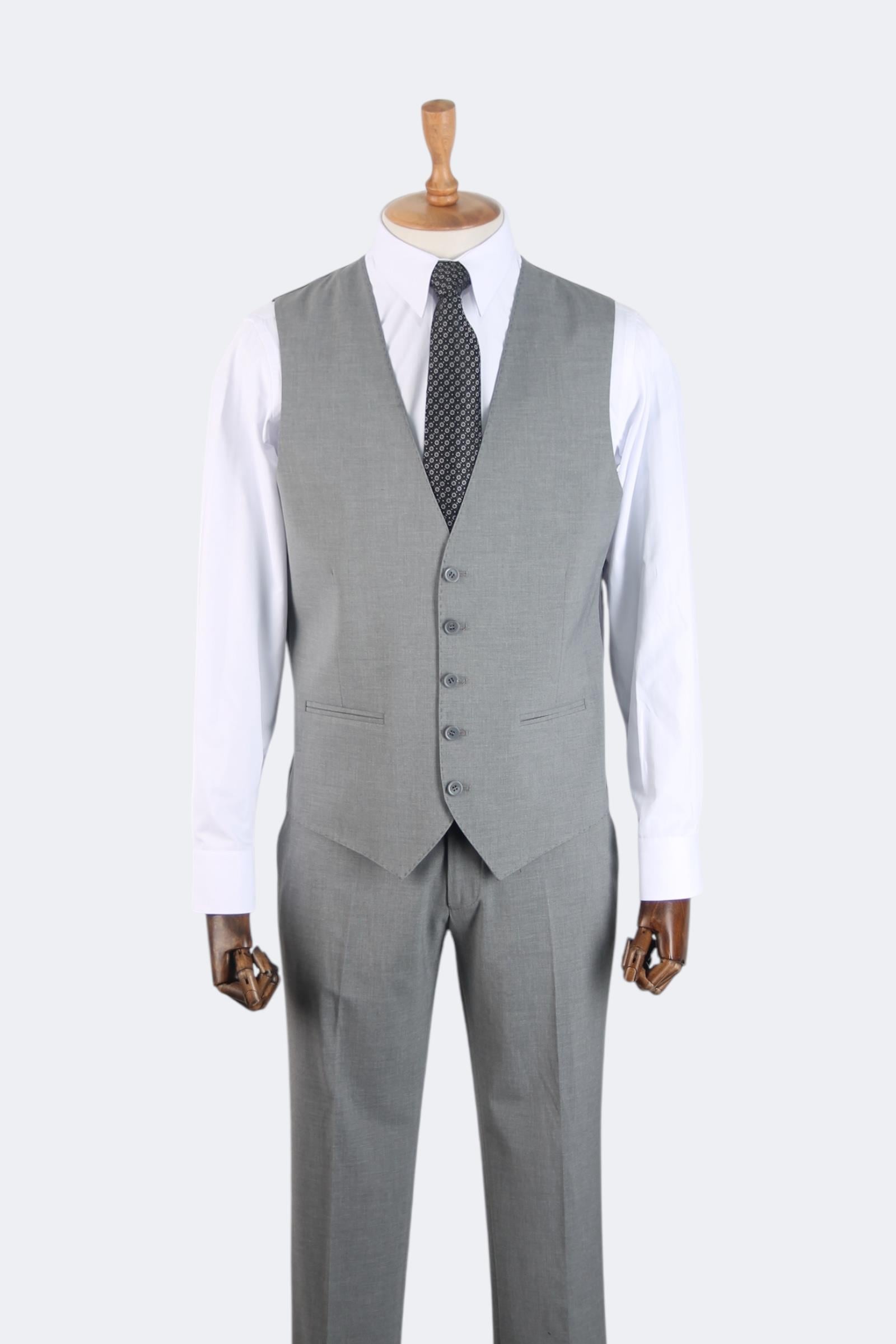 Erkek Slim Fit Gri Renk Yelekli Takım Elbise