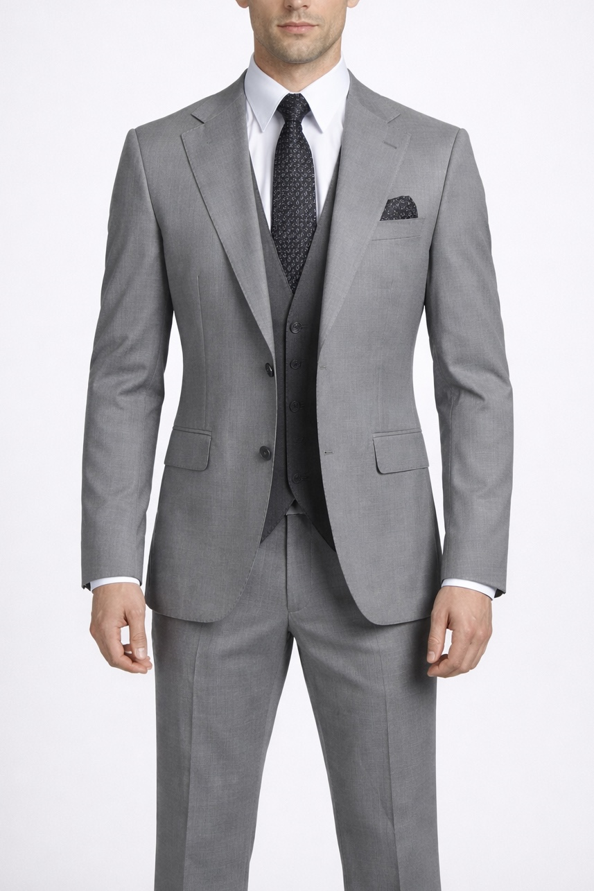 Erkek Slim Fit Gri Renk Yelekli Takım Elbise