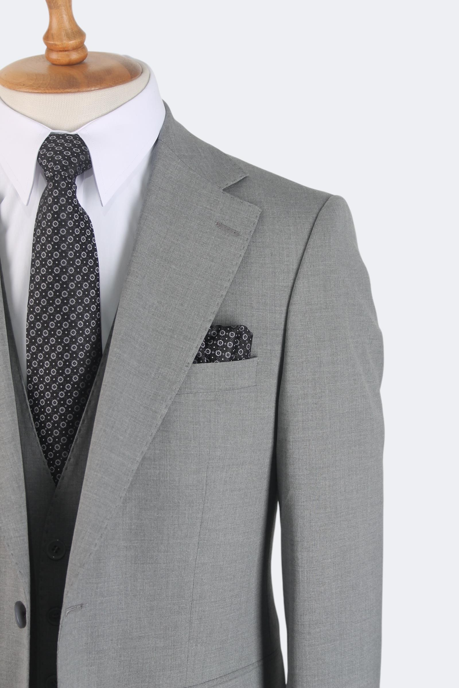 Erkek Slim Fit Gri Renk Yelekli Takım Elbise