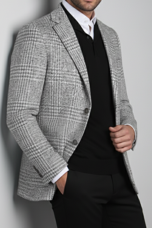 Erkek Slim Fit Gri Renk Yün Ekose Tek Ceket