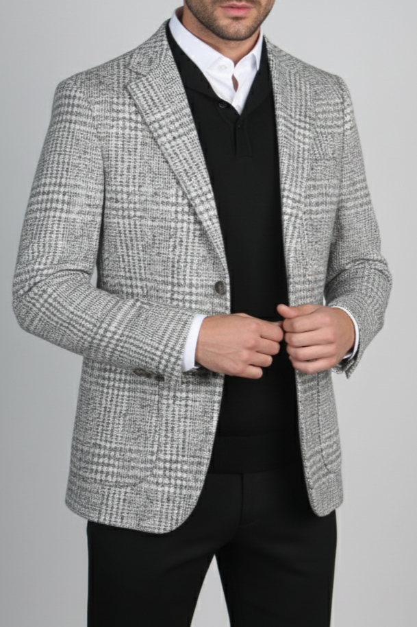 Erkek Slim Fit Gri Renk Yün Ekose Tek Ceket