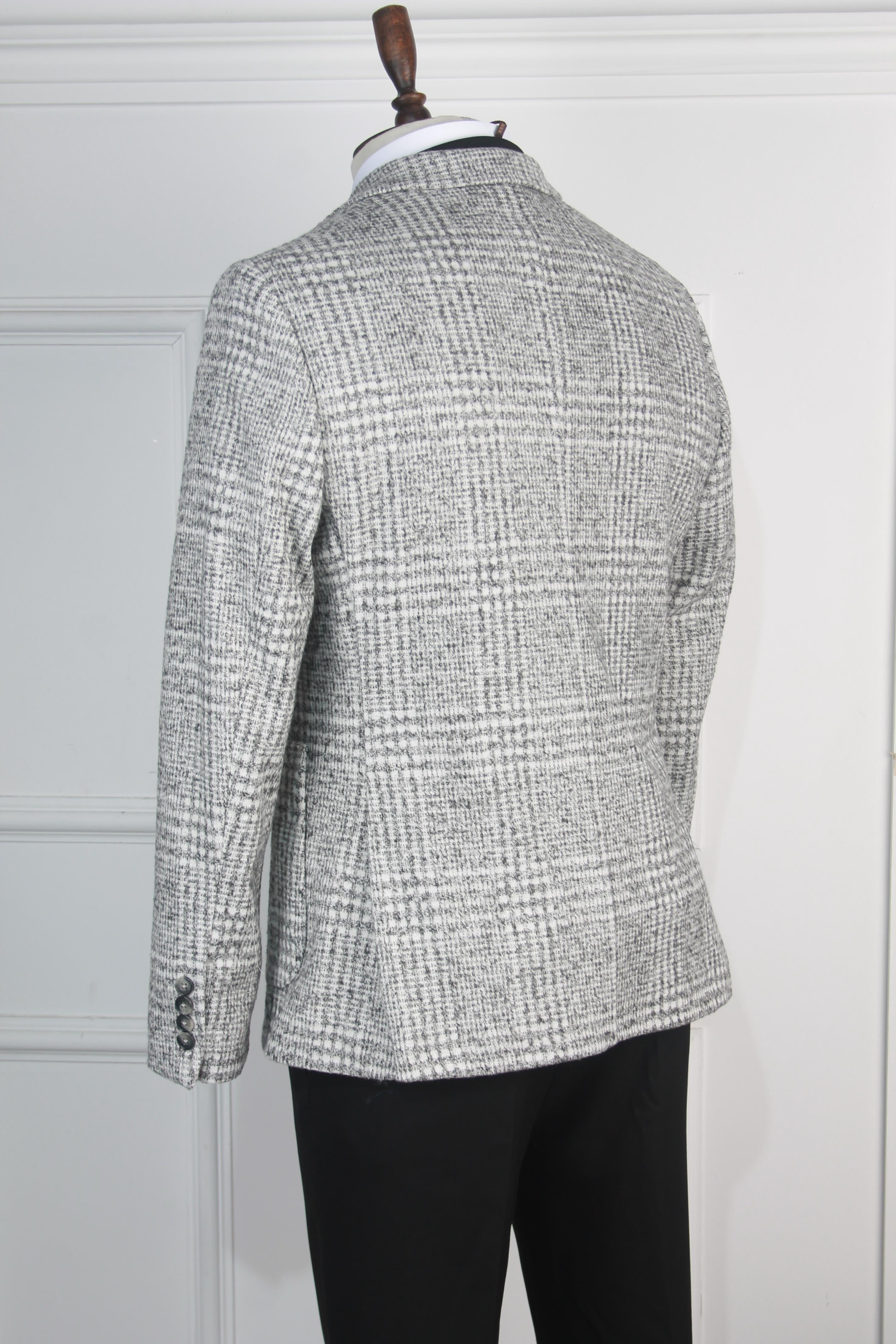 Erkek Slim Fit Gri Renk Yün Ekose Tek Ceket