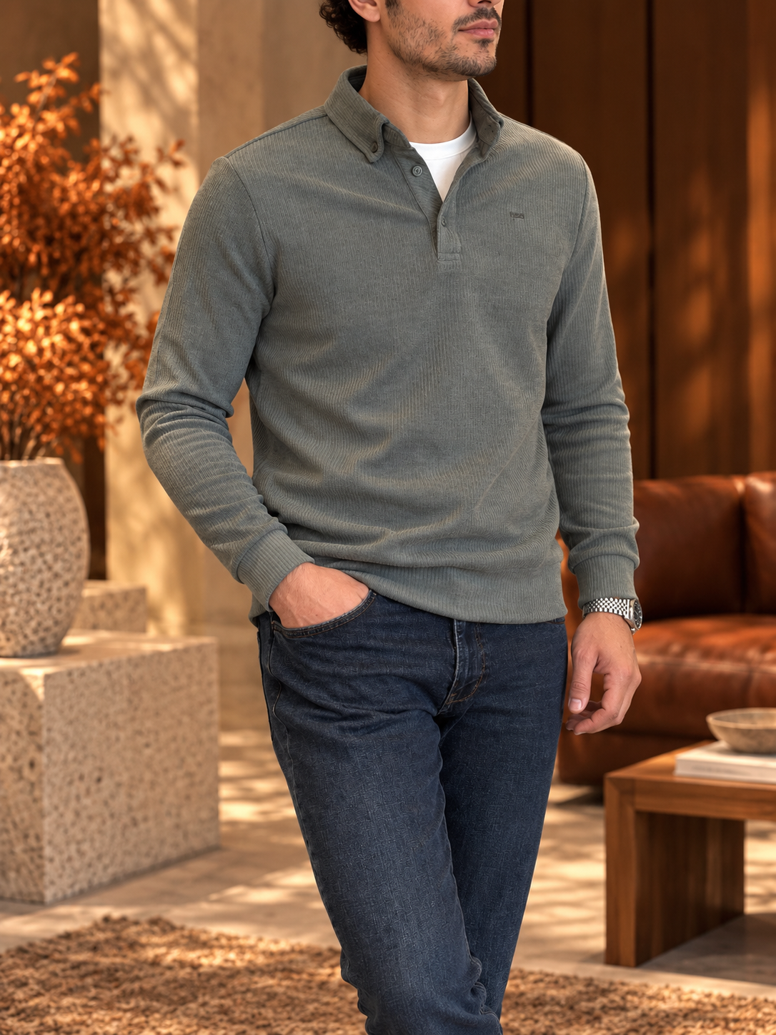 Erkek Slim Fit Haki Renk Kadife Sweatshirt