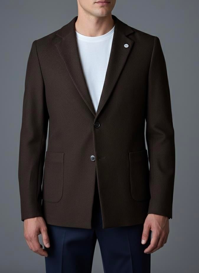 Erkek Slim Fit Kahverengi Fitilli Ceket