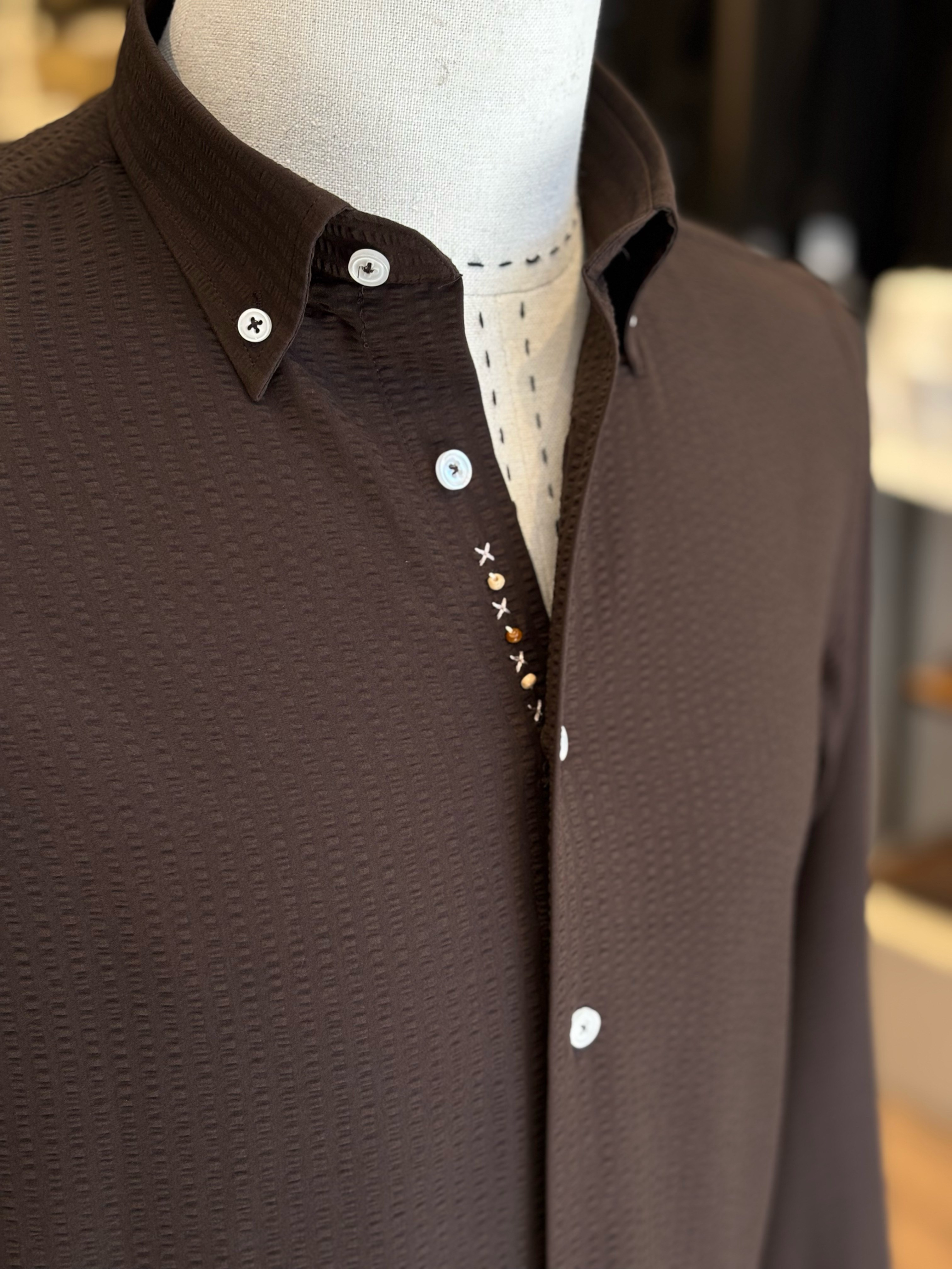 Erkek Slim Fit Kahverengi Gofre Gömlek