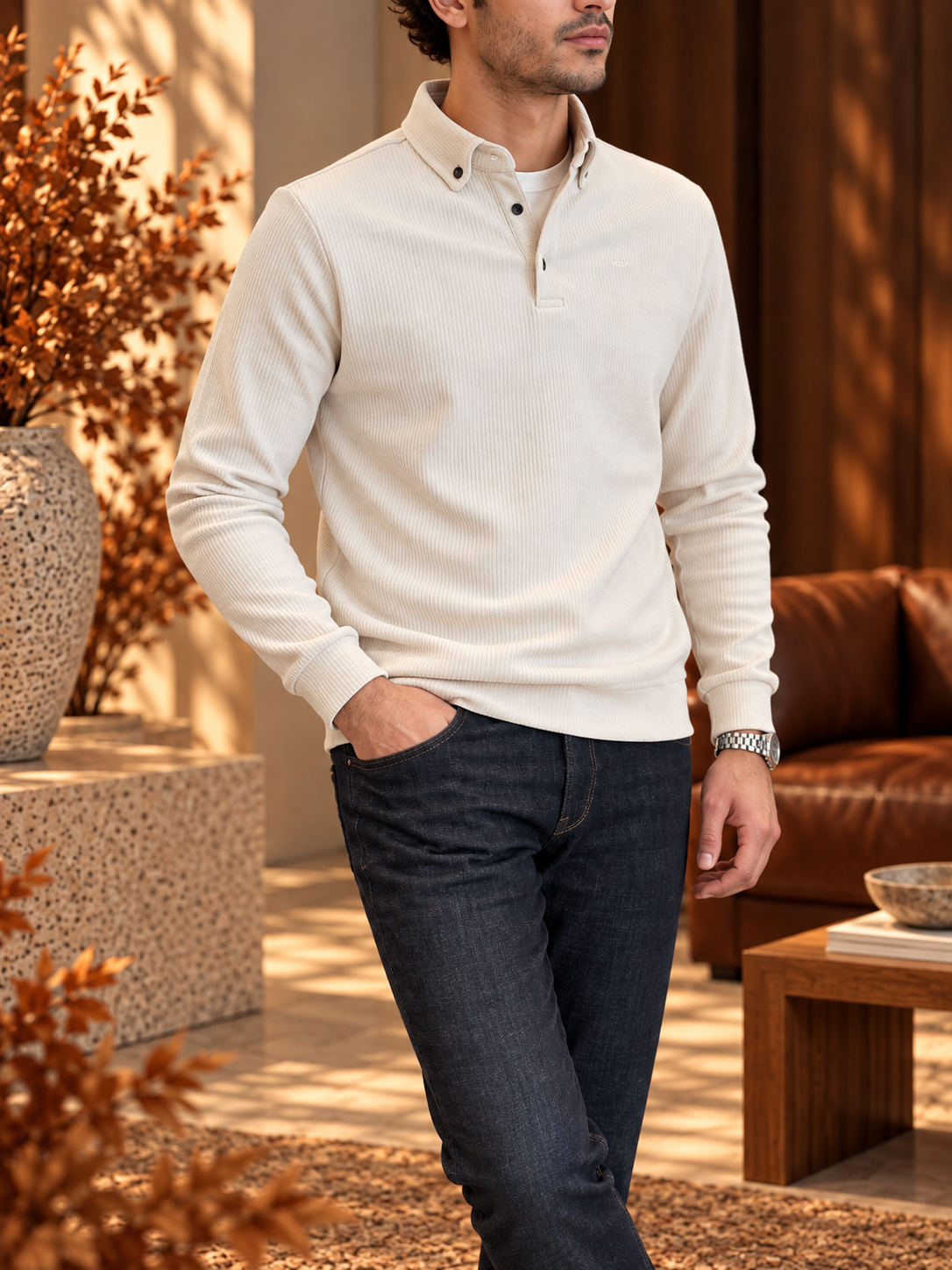 Erkek Slim Fit Krem Kadife Sweatshirt
