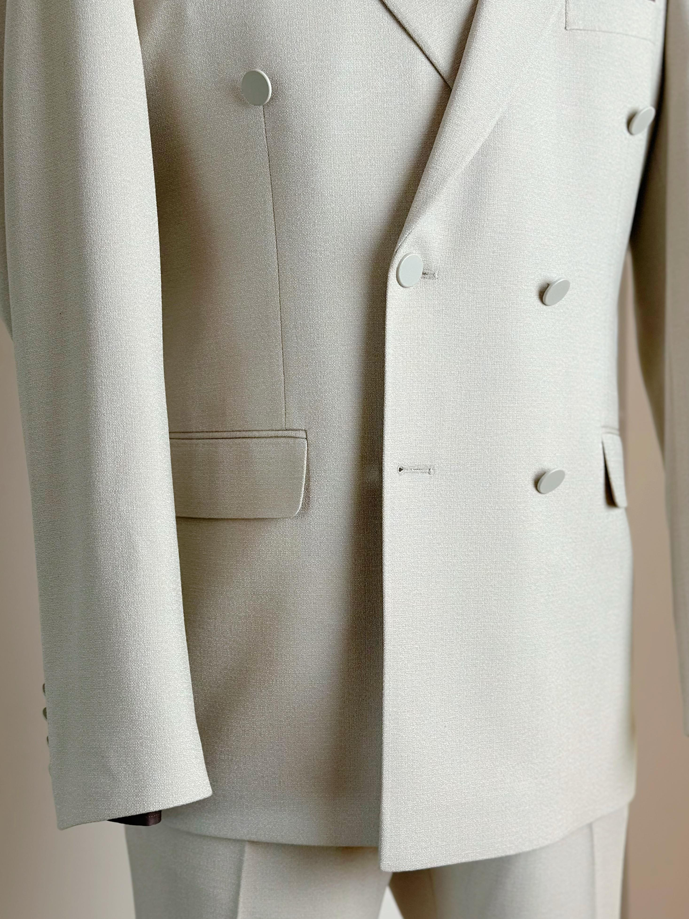 Erkek Slim Fit Krem Renk Kruvaze Takım Elbise