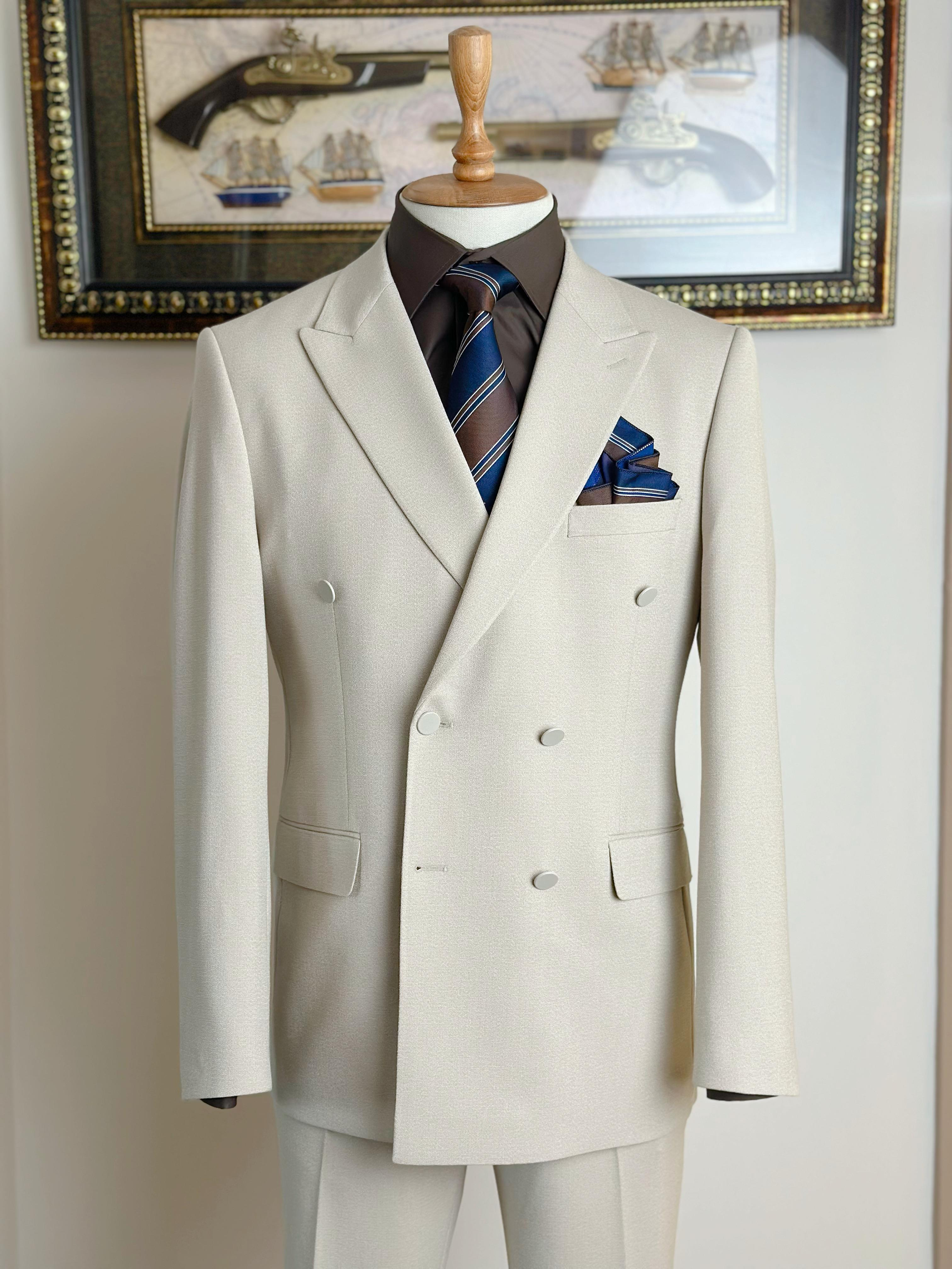 Erkek Slim Fit Krem Renk Kruvaze Takım Elbise