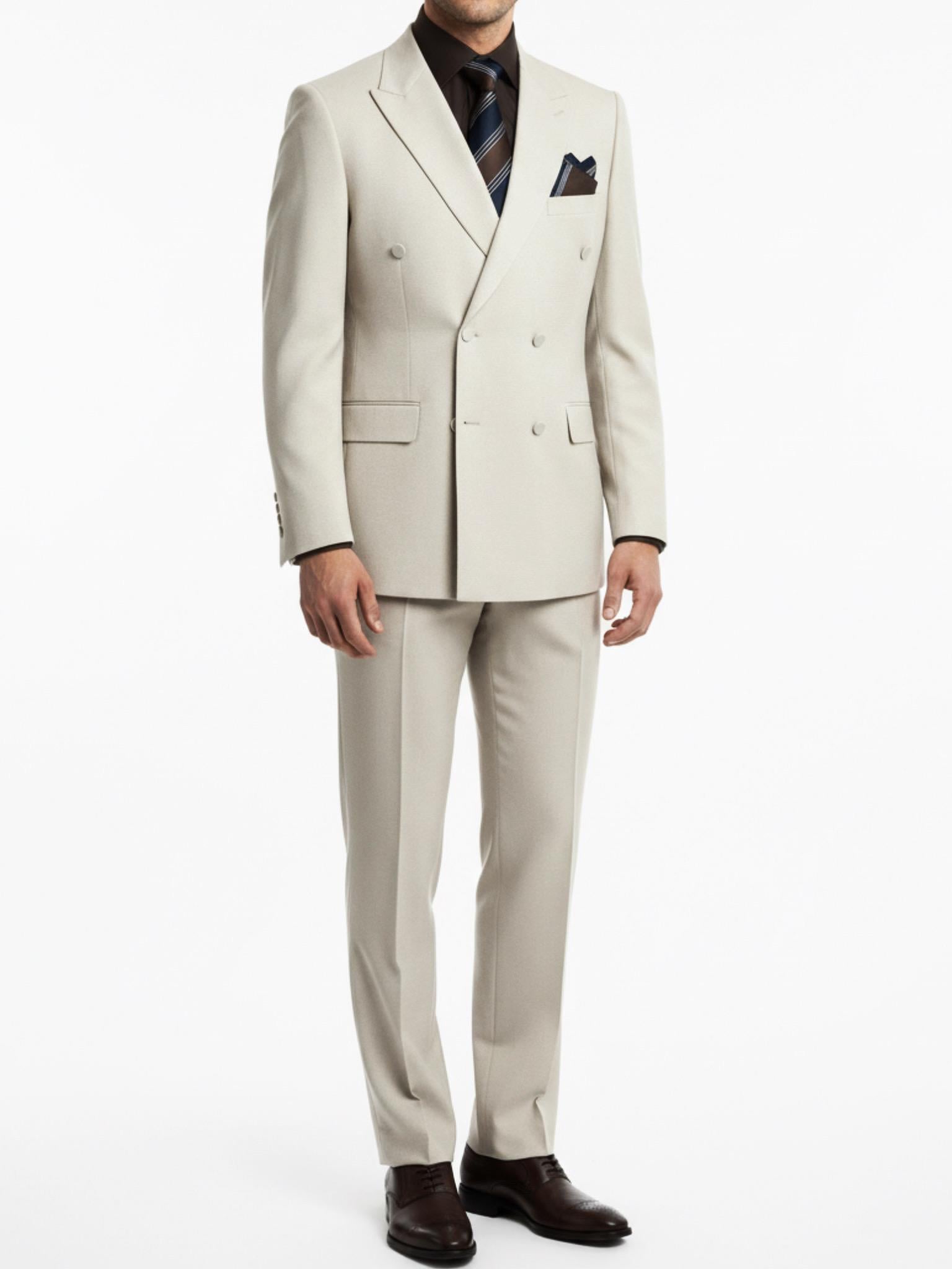 Erkek Slim Fit Krem Renk Kruvaze Takım Elbise