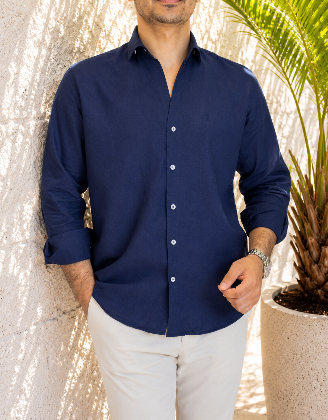 Erkek Slim Fit Lacivert Keten Gömlek