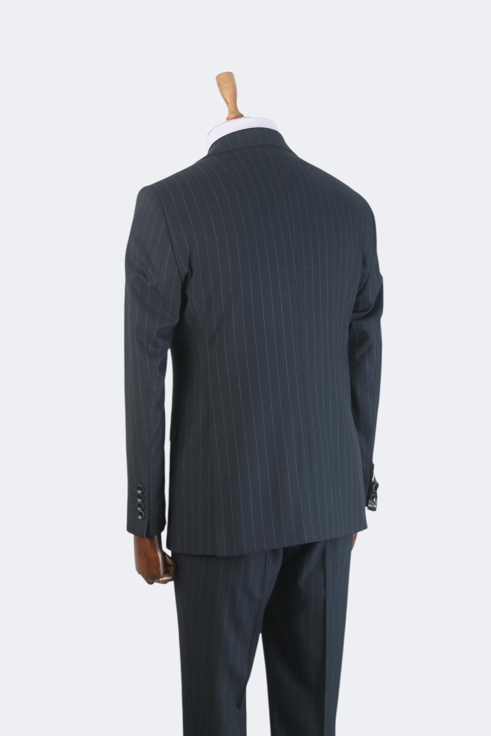 Erkek Slim Fit Lacivert Renk Çizgili Kruvaze Takım Elbise