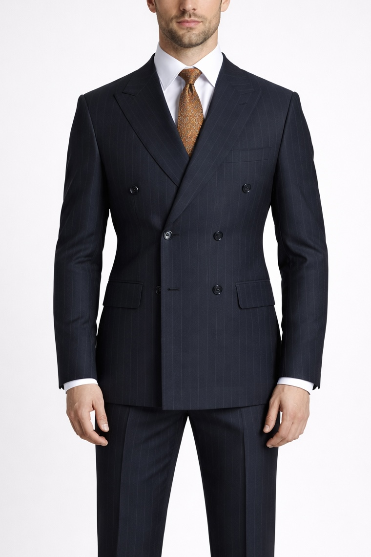 Erkek Slim Fit Lacivert Renk Çizgili Kruvaze Takım Elbise