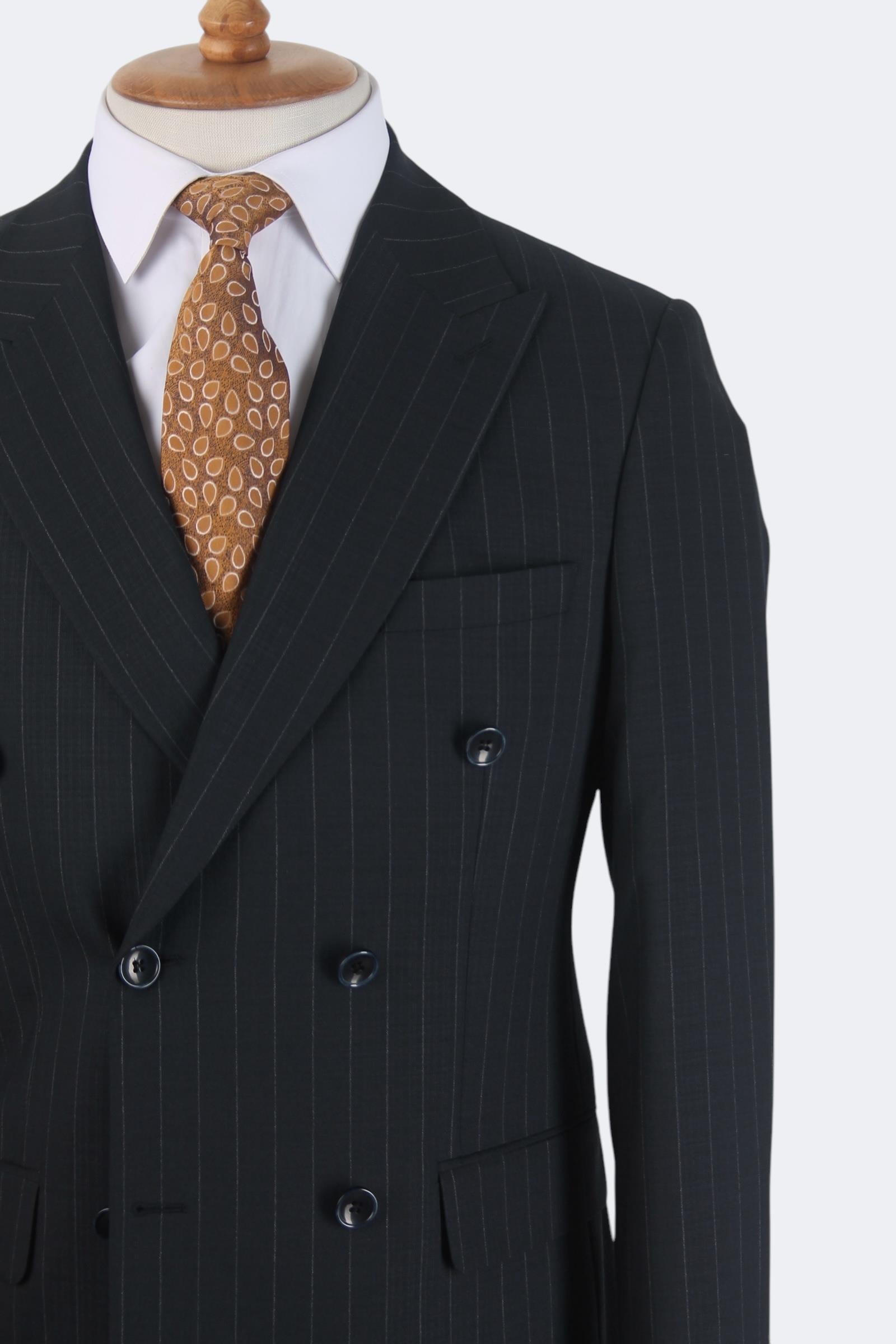 Erkek Slim Fit Lacivert Renk Çizgili Kruvaze Takım Elbise