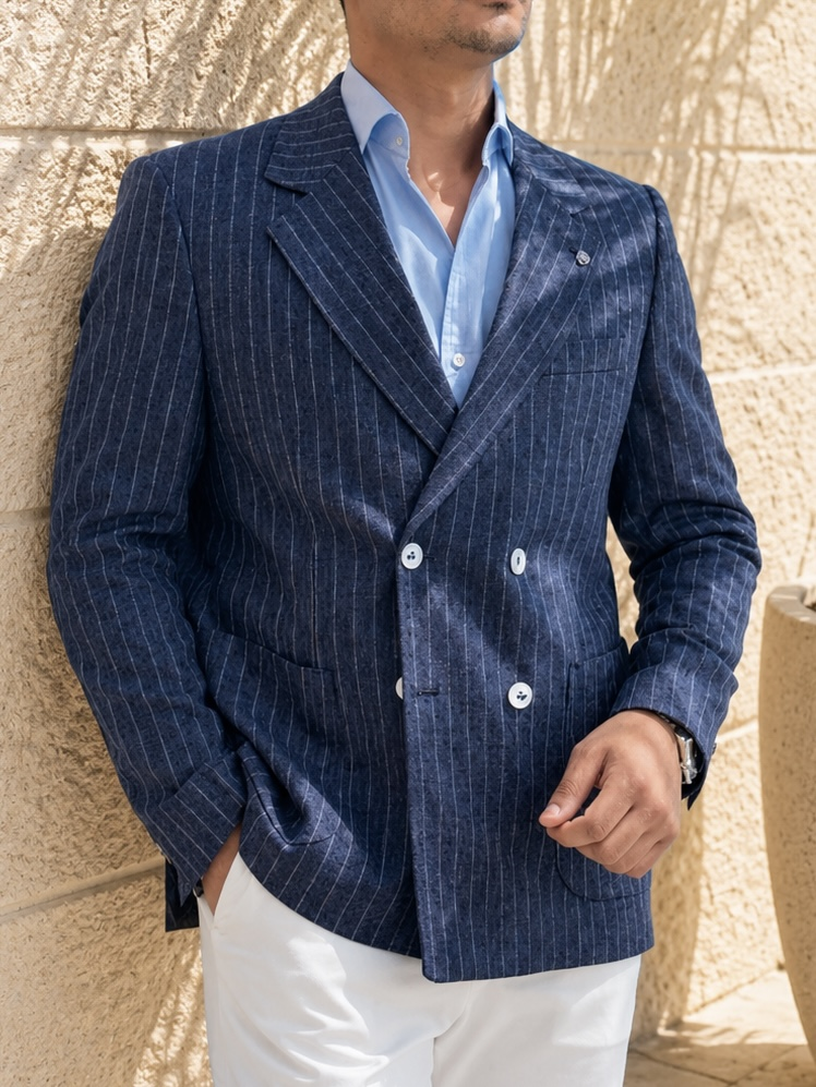 Erkek Slim Fit Lacivert Renk Çizgili Kruvaze Ceket