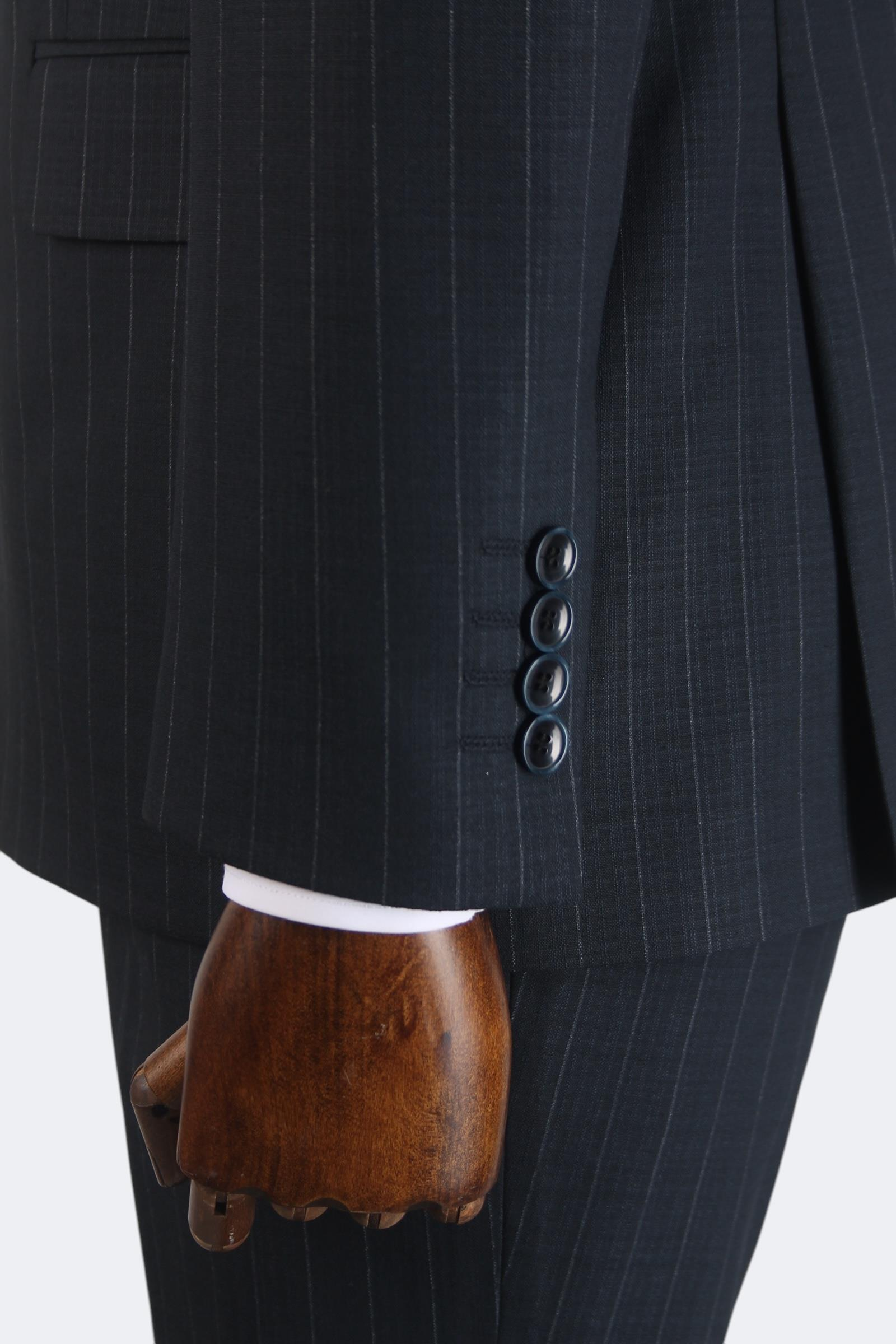 Erkek Slim Fit Lacivert Renk Çizgili Kruvaze Takım Elbise