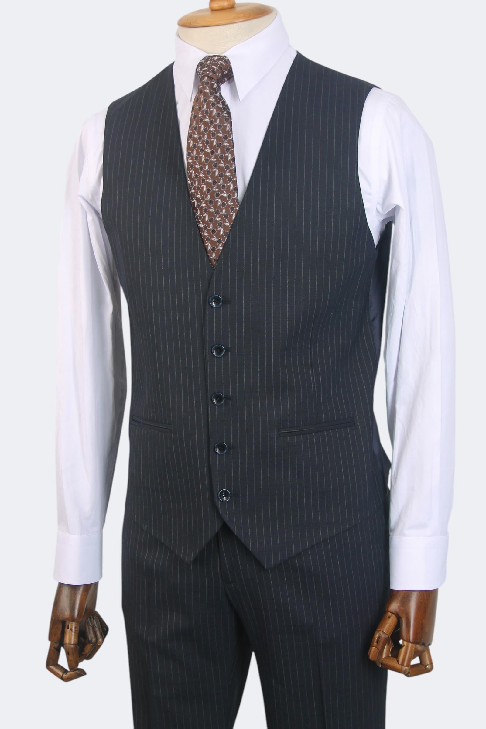 Erkek Slim Fit Lacivert Renk Çizgili Takım Elbise