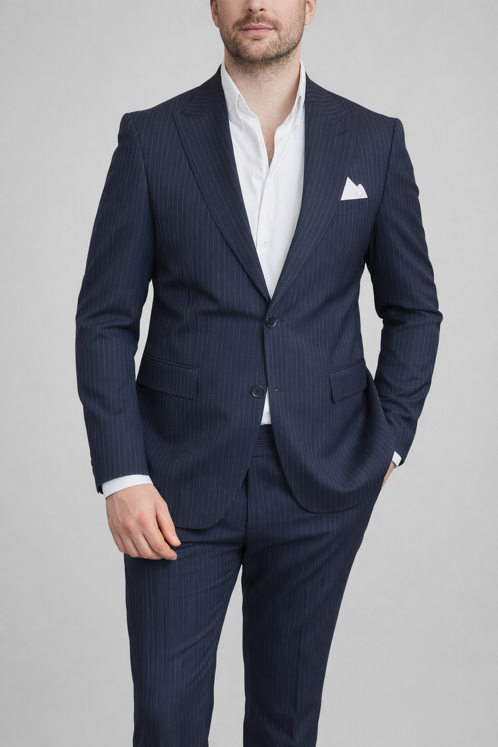Erkek Slim Fit Lacivert Renk Çizgili Takım Elbise