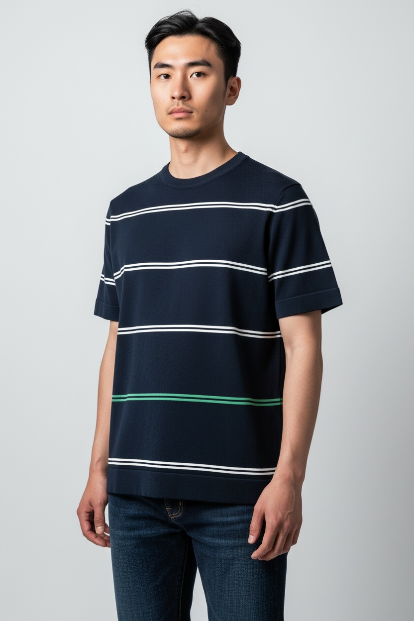 Erkek Slim Fit Lacivert Renk Çizgili Triko Tişört