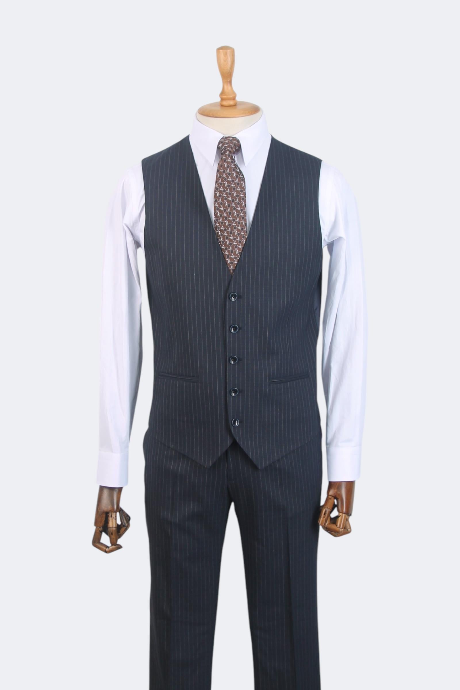 Erkek Slim Fit Lacivert Renk Çizgili Takım Elbise