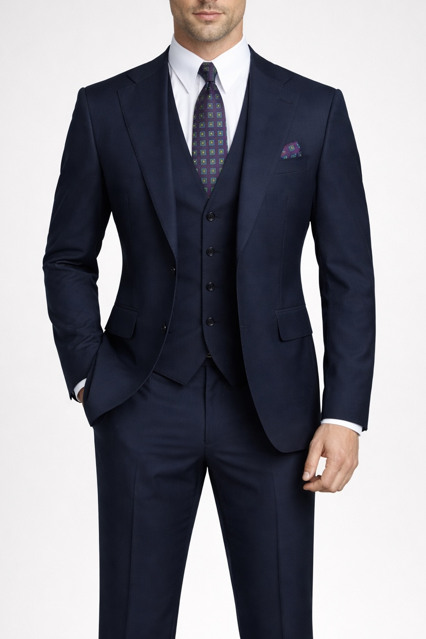 Erkek Slim Fit Lacivert Renk Yelekli Takım Elbise