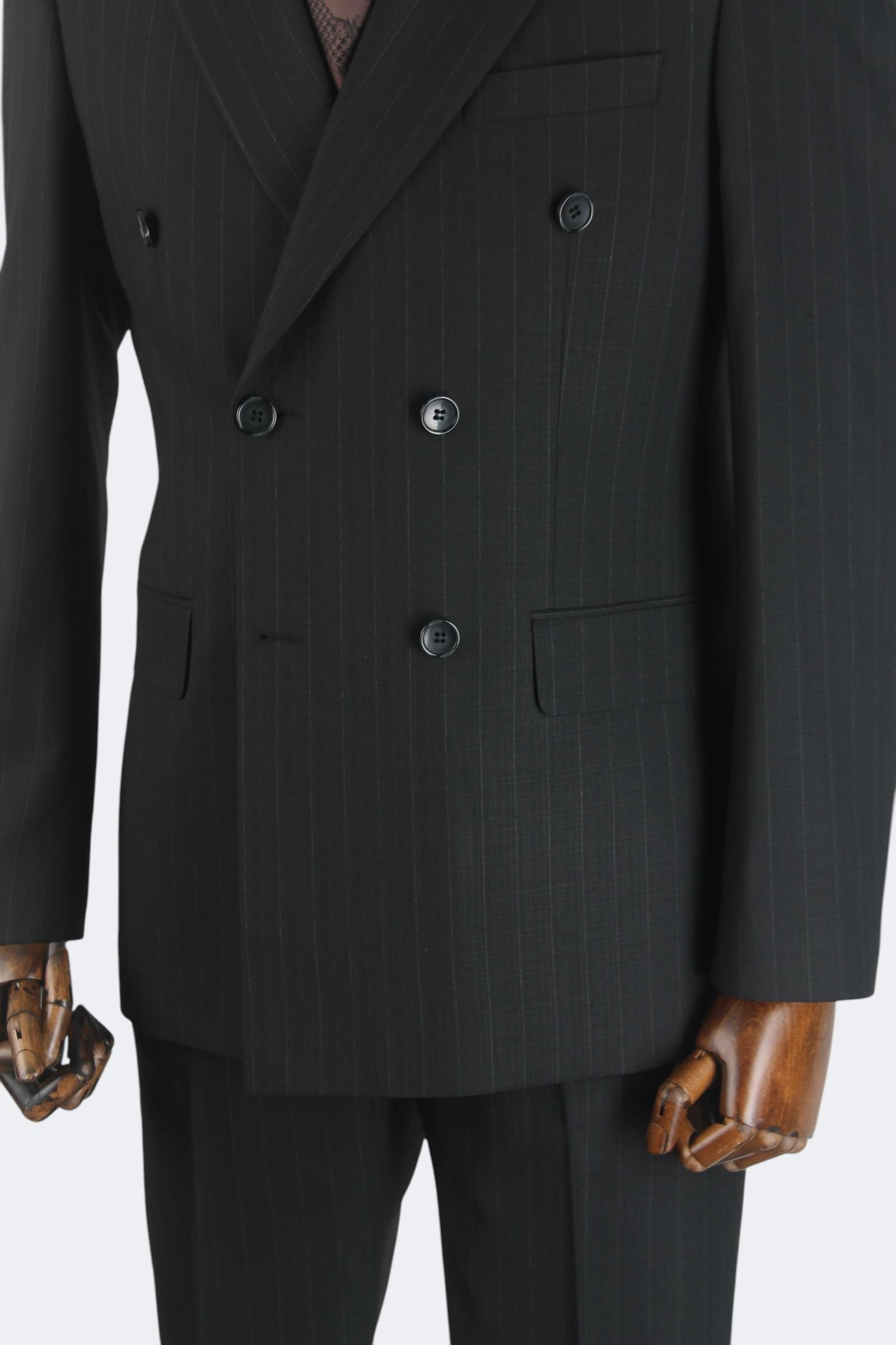 Erkek Slim Fit Siyah Renk Çizgili Kruvaze Takım Elbise