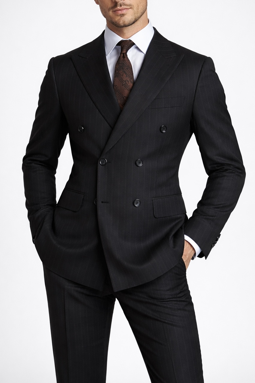 Erkek Slim Fit Siyah Renk Çizgili Kruvaze Takım Elbise