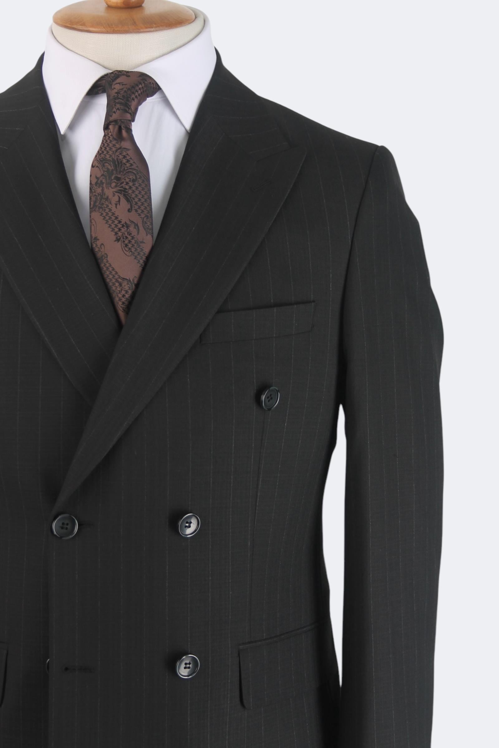 Erkek Slim Fit Siyah Renk Çizgili Kruvaze Takım Elbise