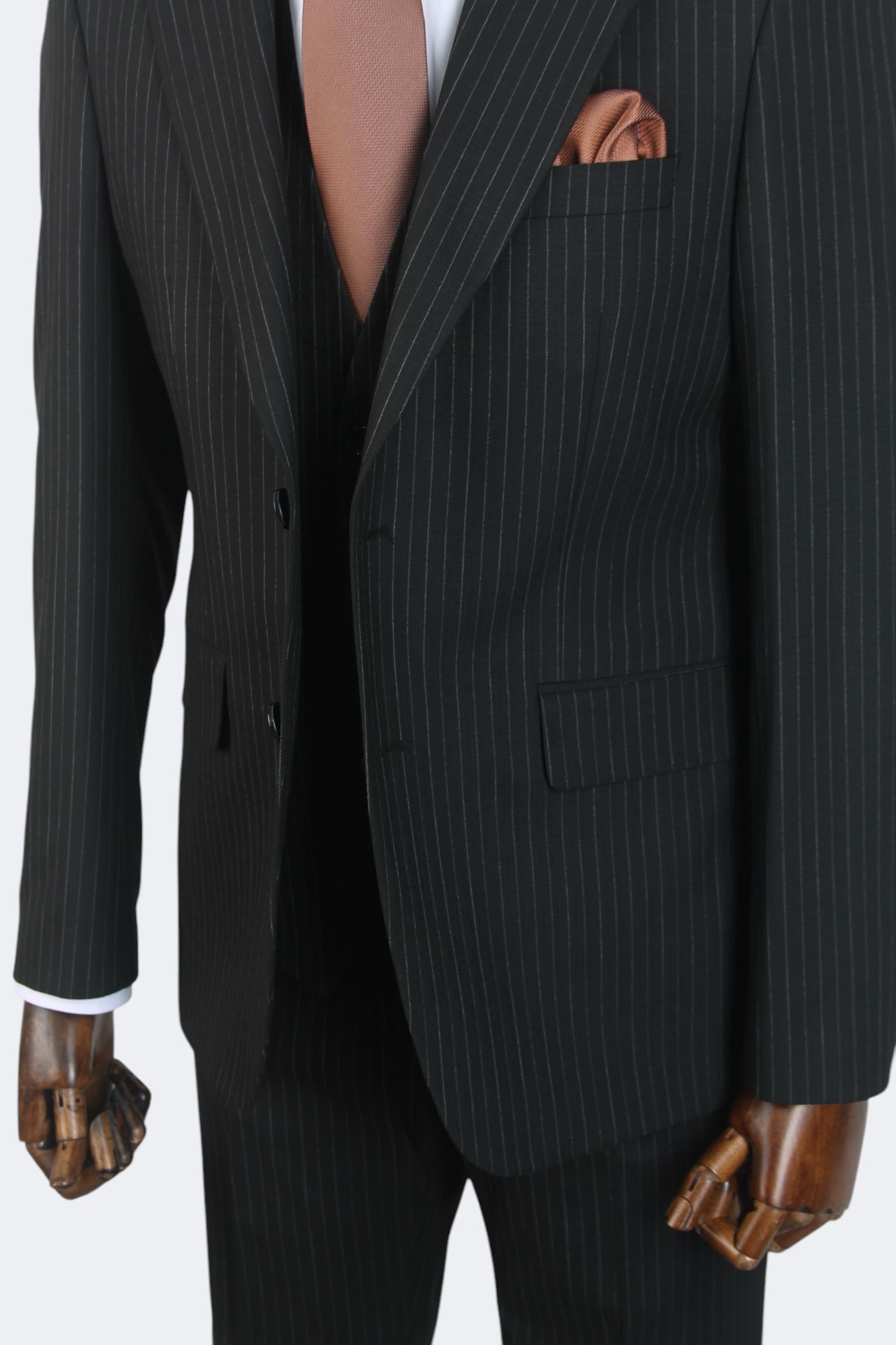 Erkek Slim Fit Siyah Renk Çizgili Takım Elbise