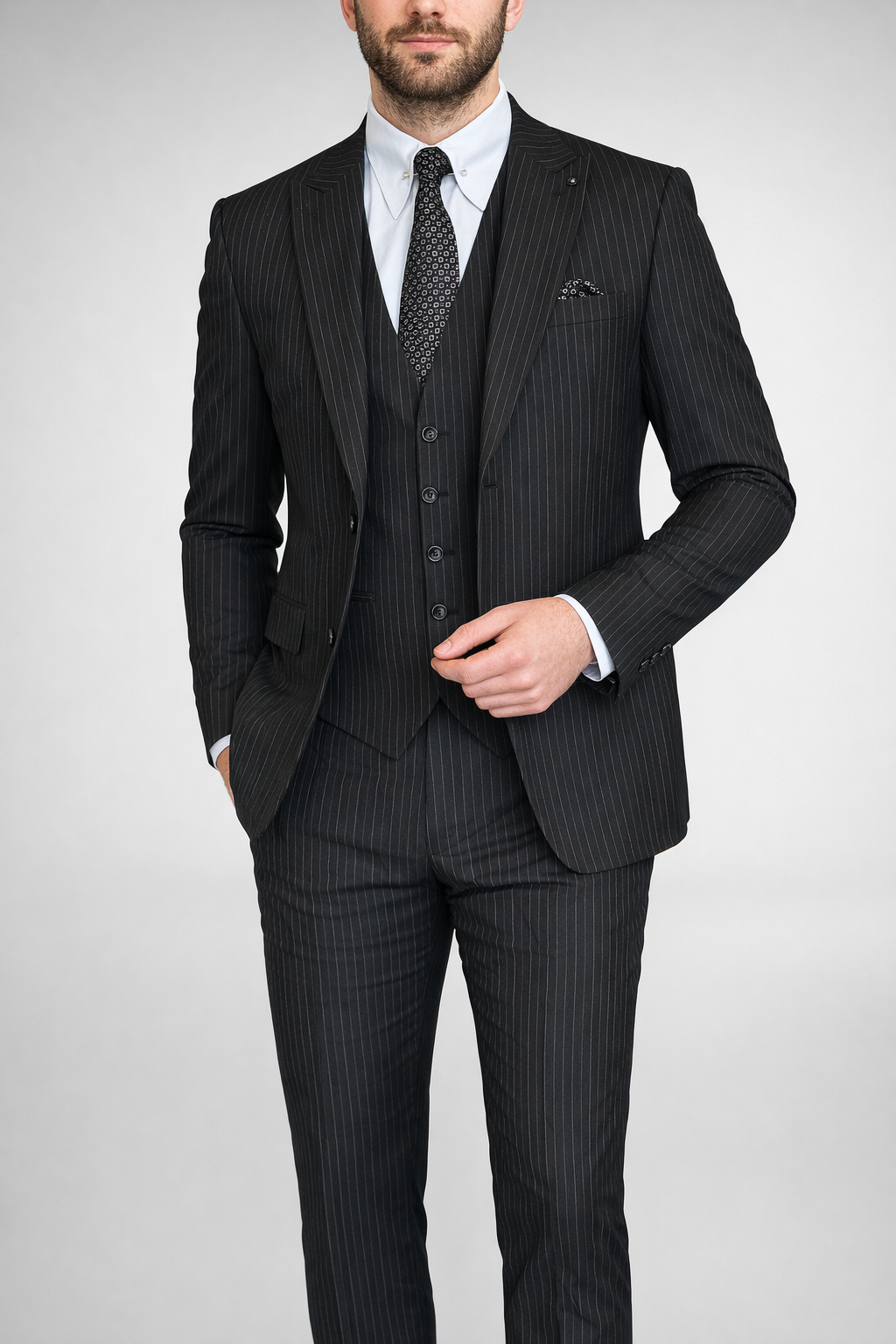 Erkek Slim Fit Siyah Renk Çizgili Takım Elbise