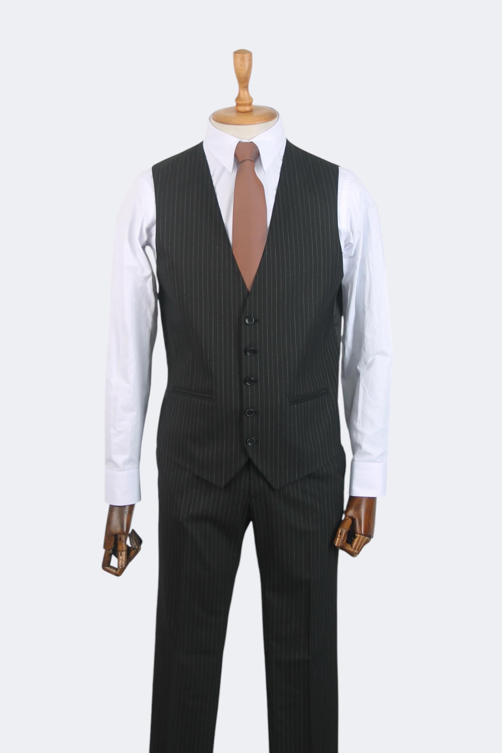 Erkek Slim Fit Siyah Renk Çizgili Takım Elbise
