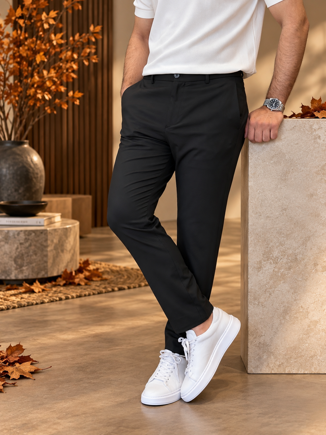 Erkek Slim Fit Siyah Renk İpli Jogger Pantolon