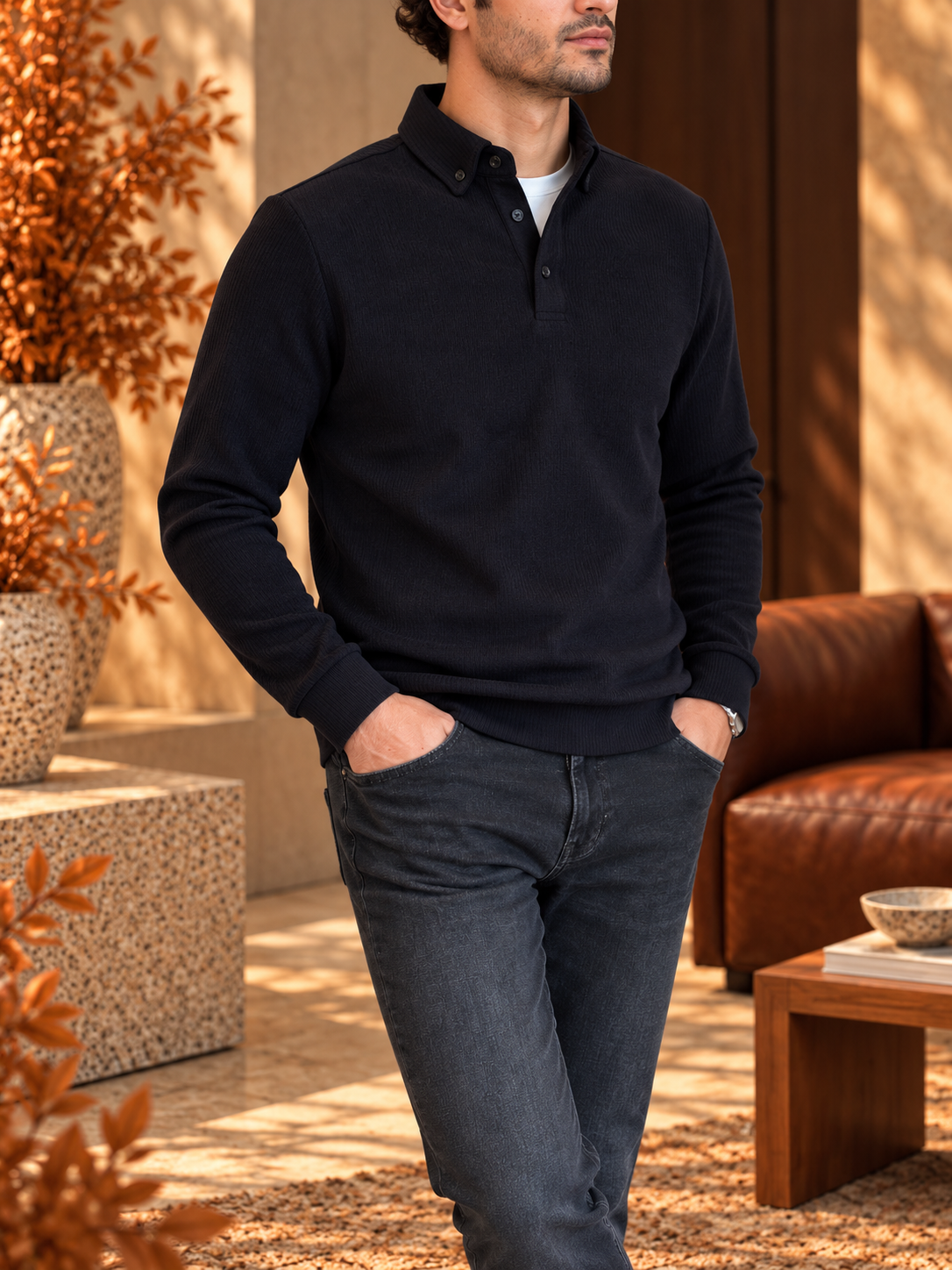 Erkek Slim Fit Siyah Renk Kadife Sweatshirt