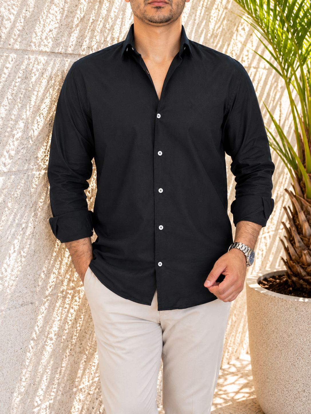 Erkek Slim Fit Siyah Renk Keten Gömlek