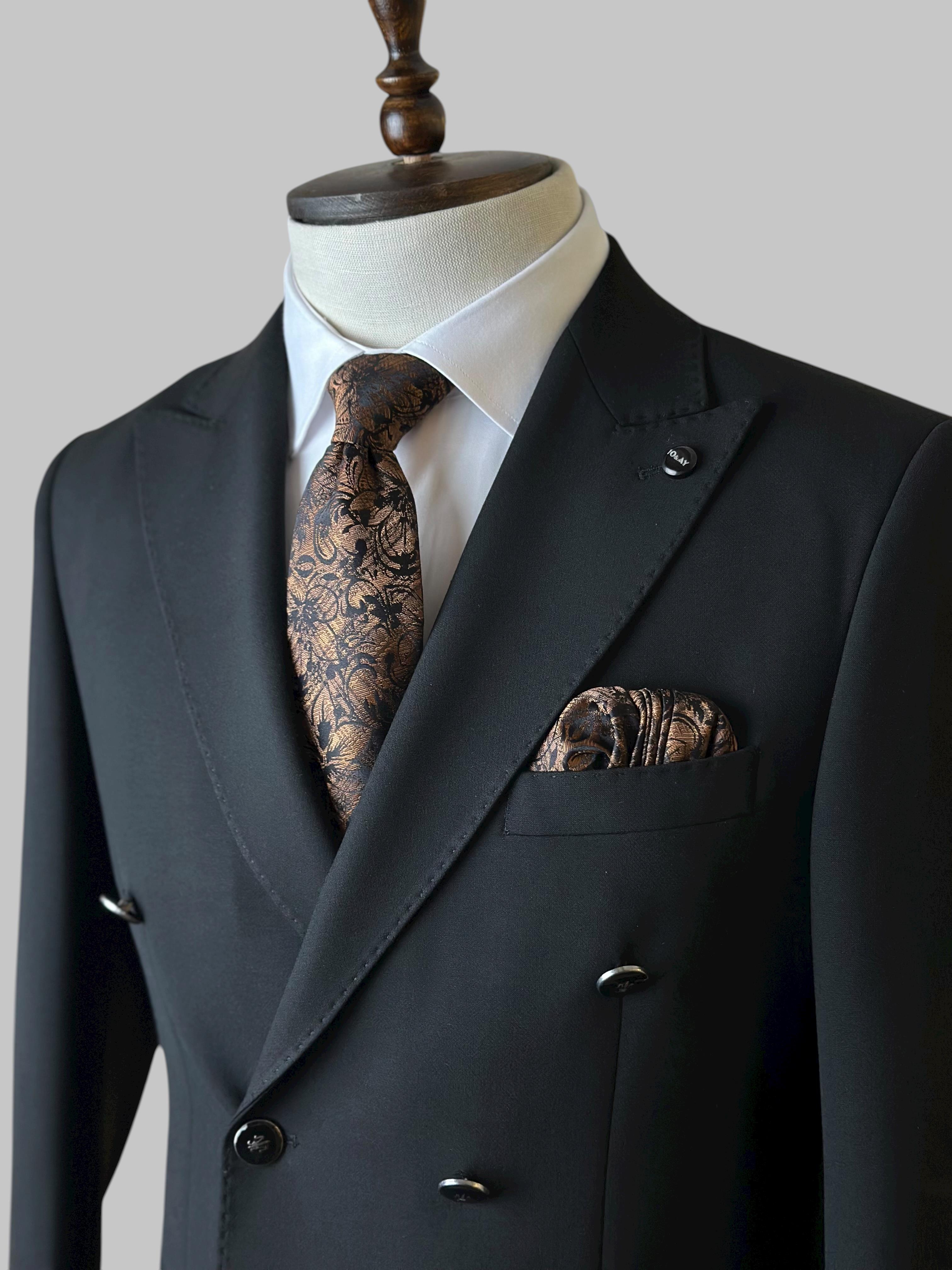 Erkek Slim Fit Siyah Renk Kruvaze Ceket