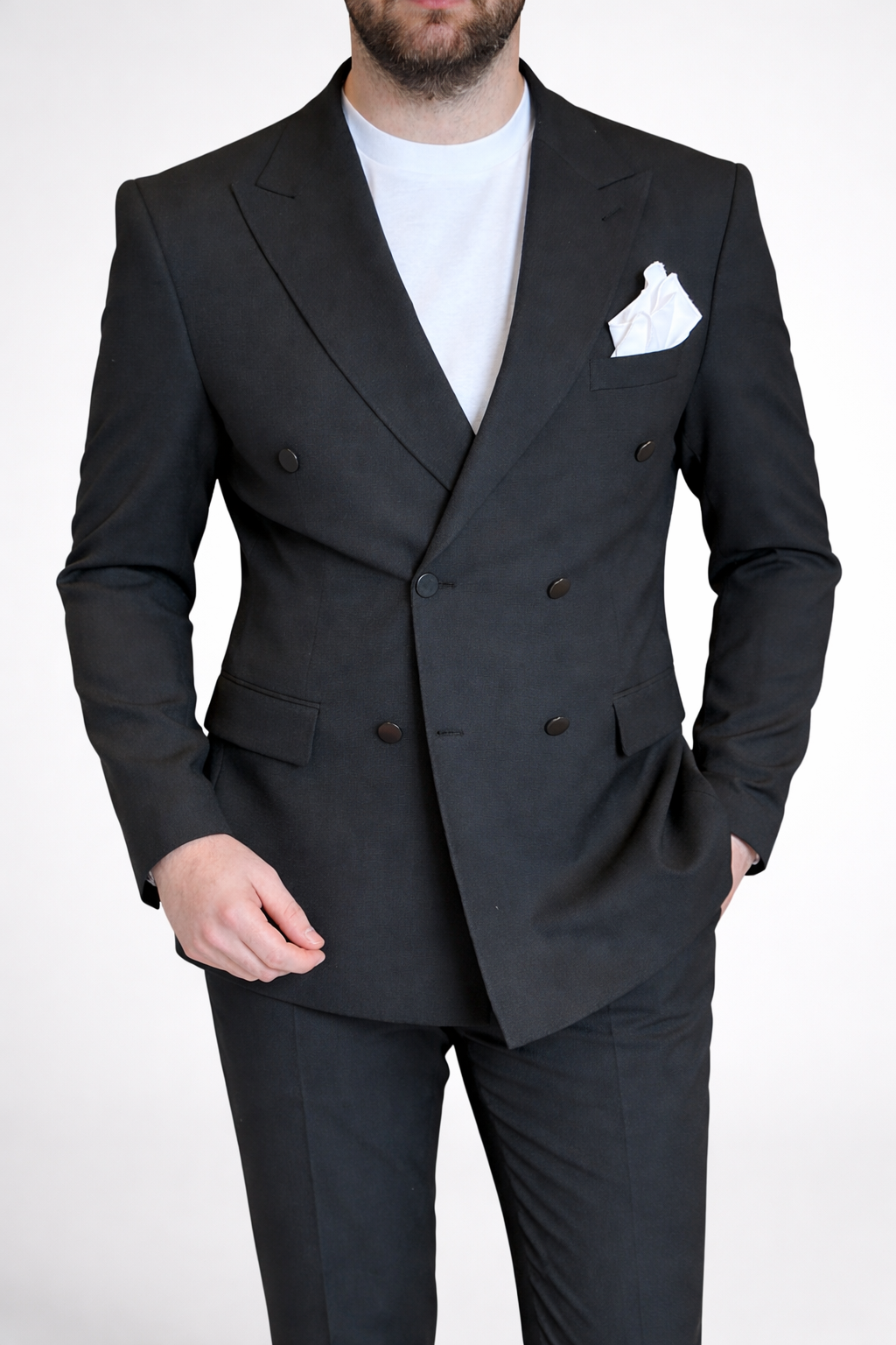 Erkek Slim Fit Siyah Renk Kruvaze Takım Elbise