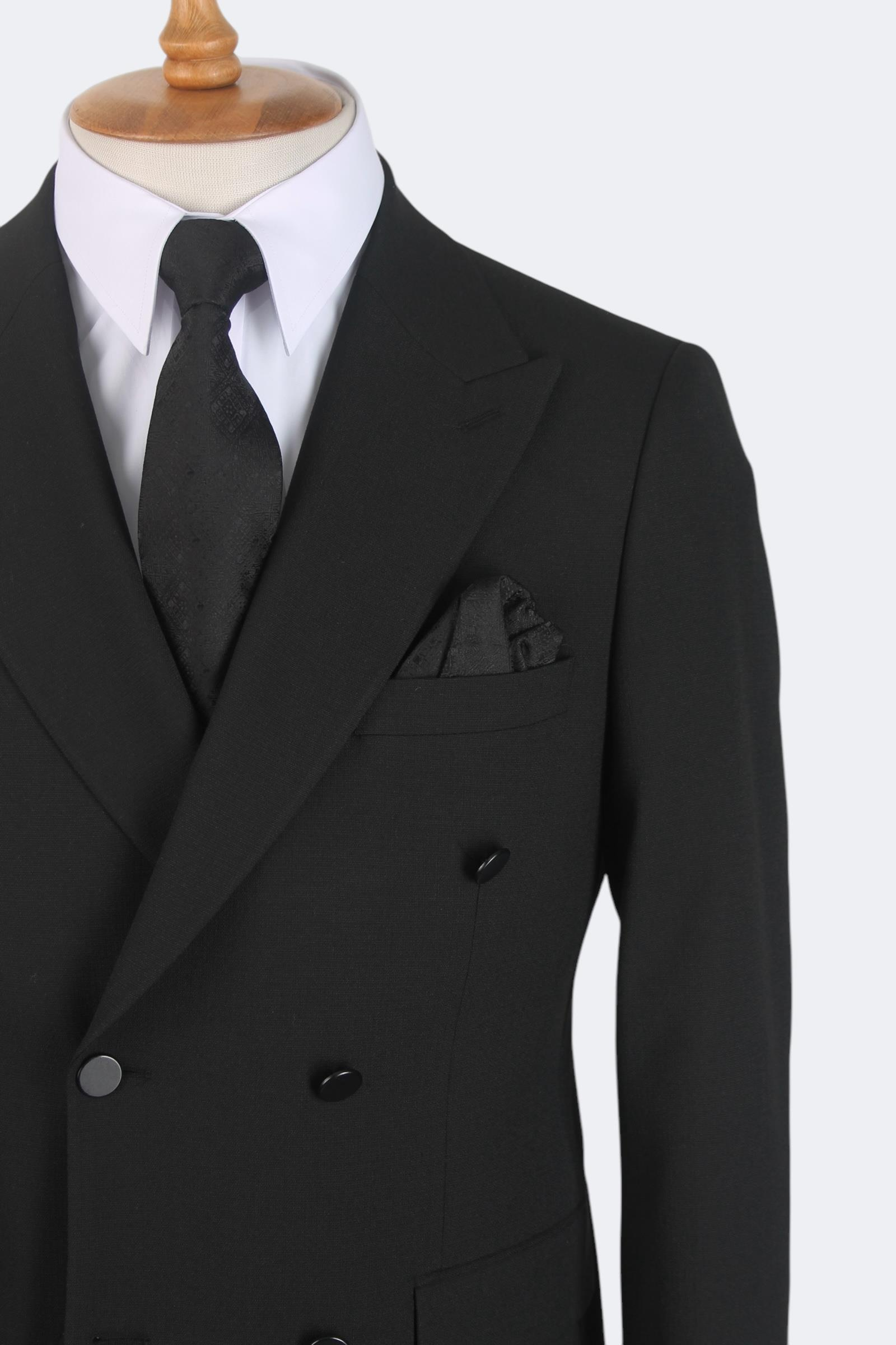 Erkek Slim Fit Siyah Renk Kruvaze Takım Elbise