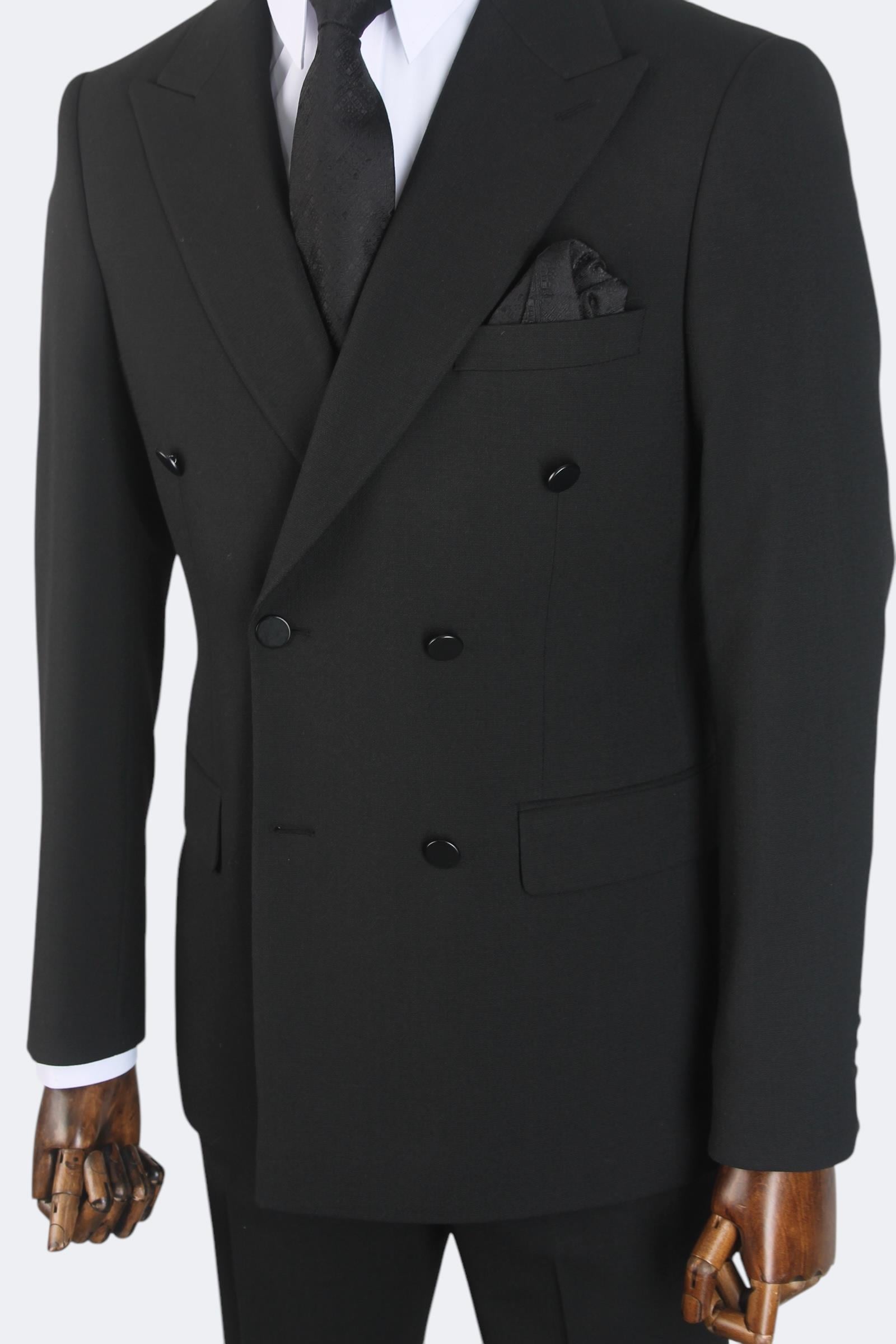 Erkek Slim Fit Siyah Renk Kruvaze Takım Elbise