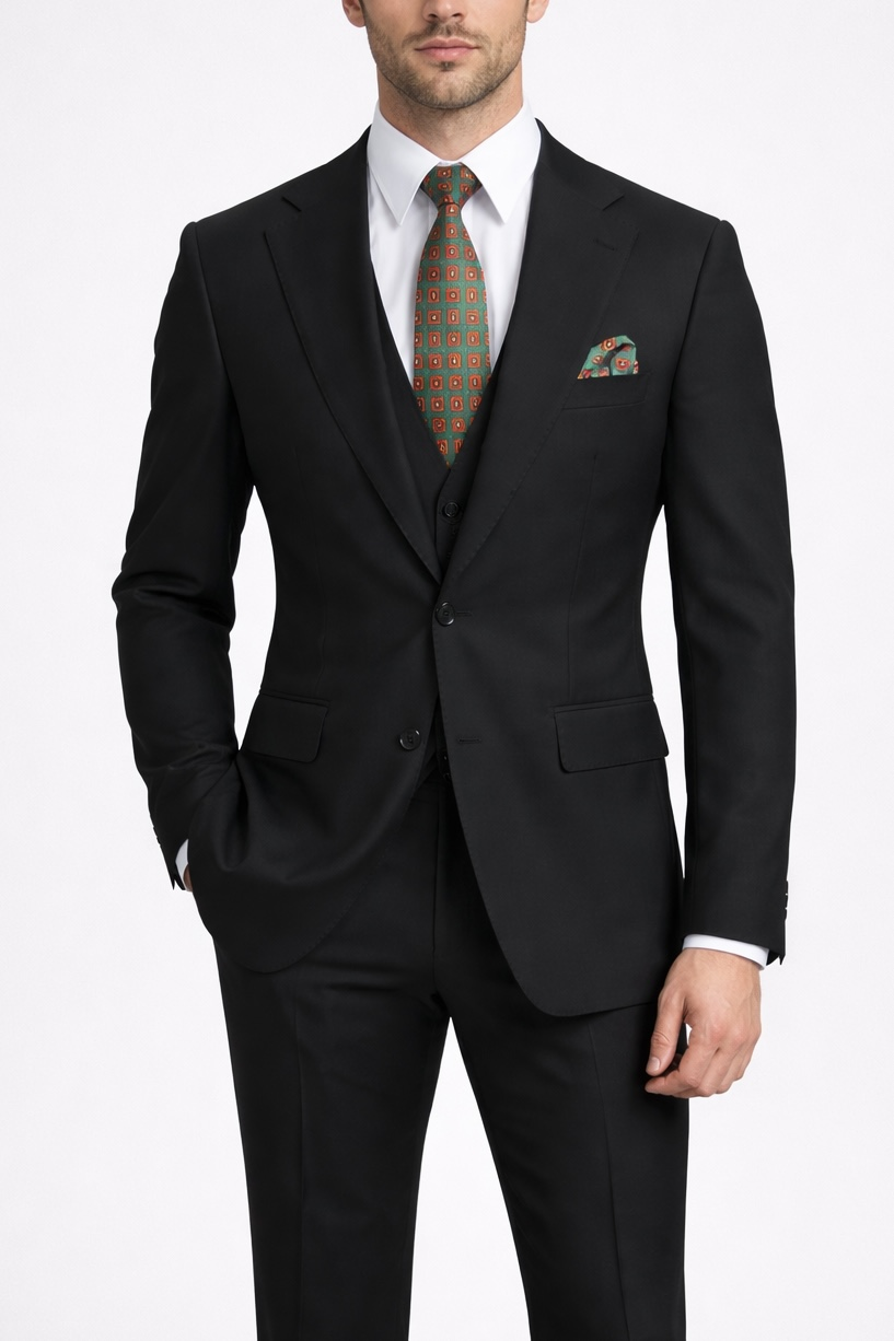 Erkek Slim Fit Siyah Renk Yelekli Takım Elbise