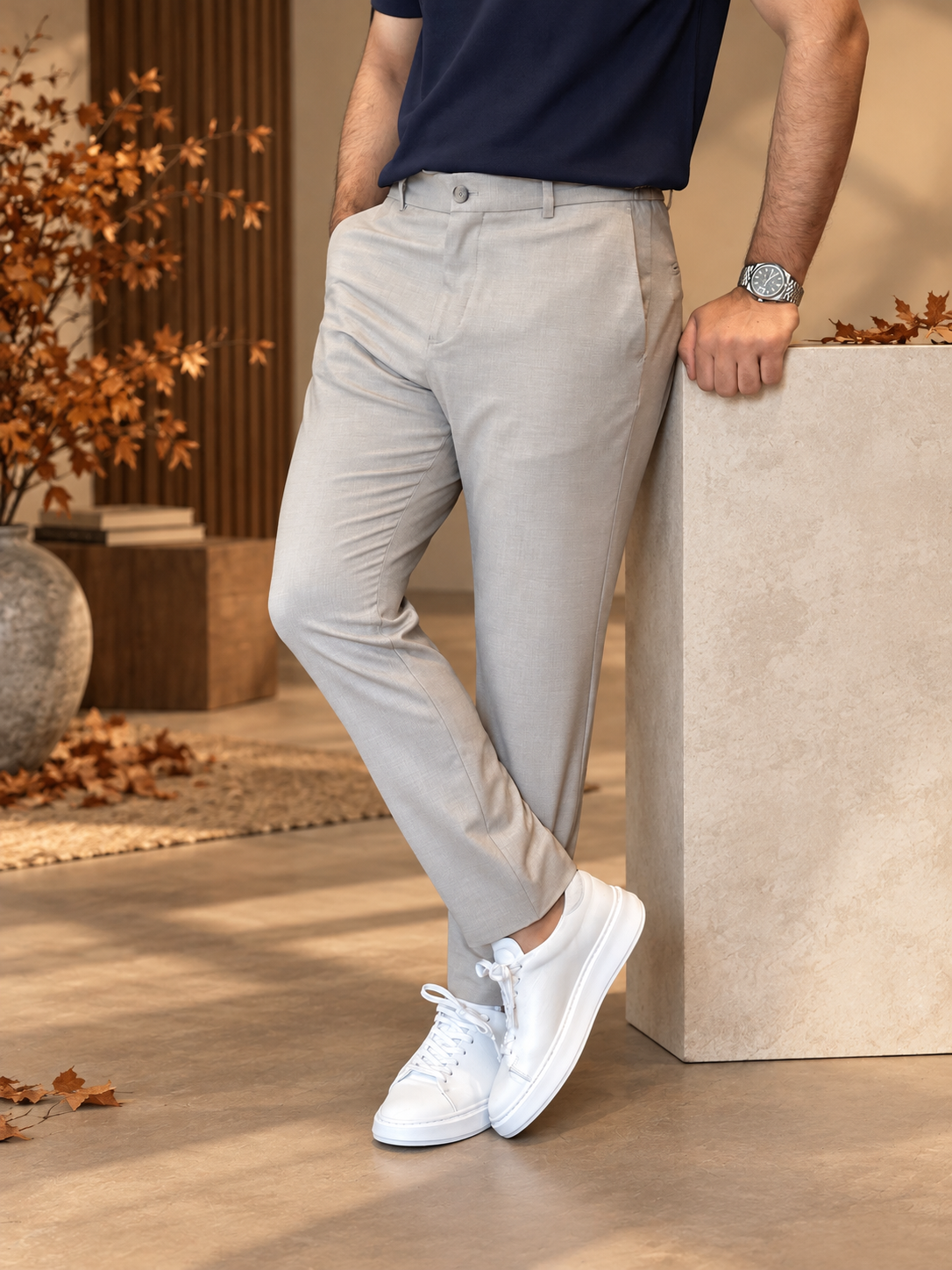 Erkek Slim Fit Taş Renk İpli Jogger Pantolon