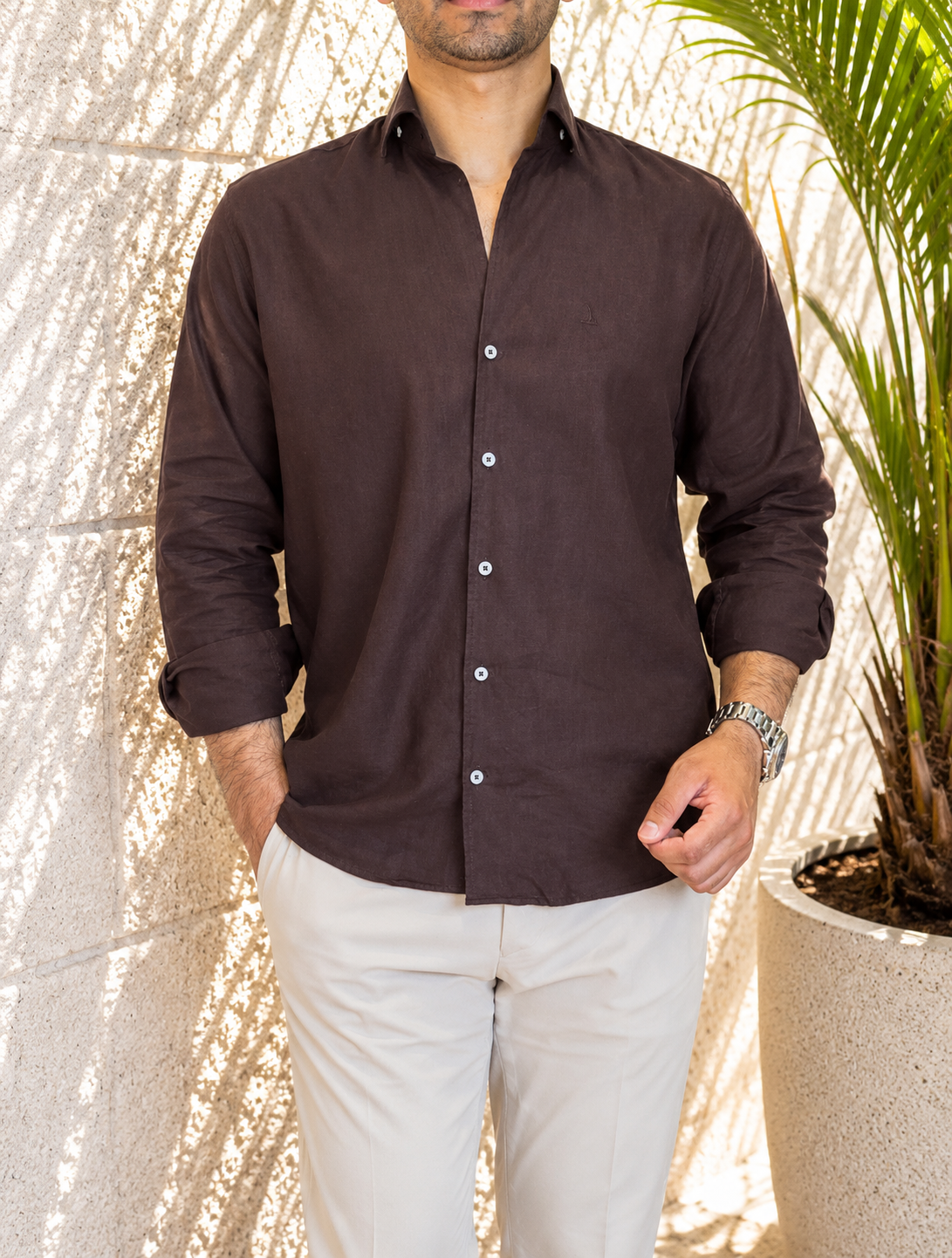 Erkek Slim Fit Vişne Keten Gömlek