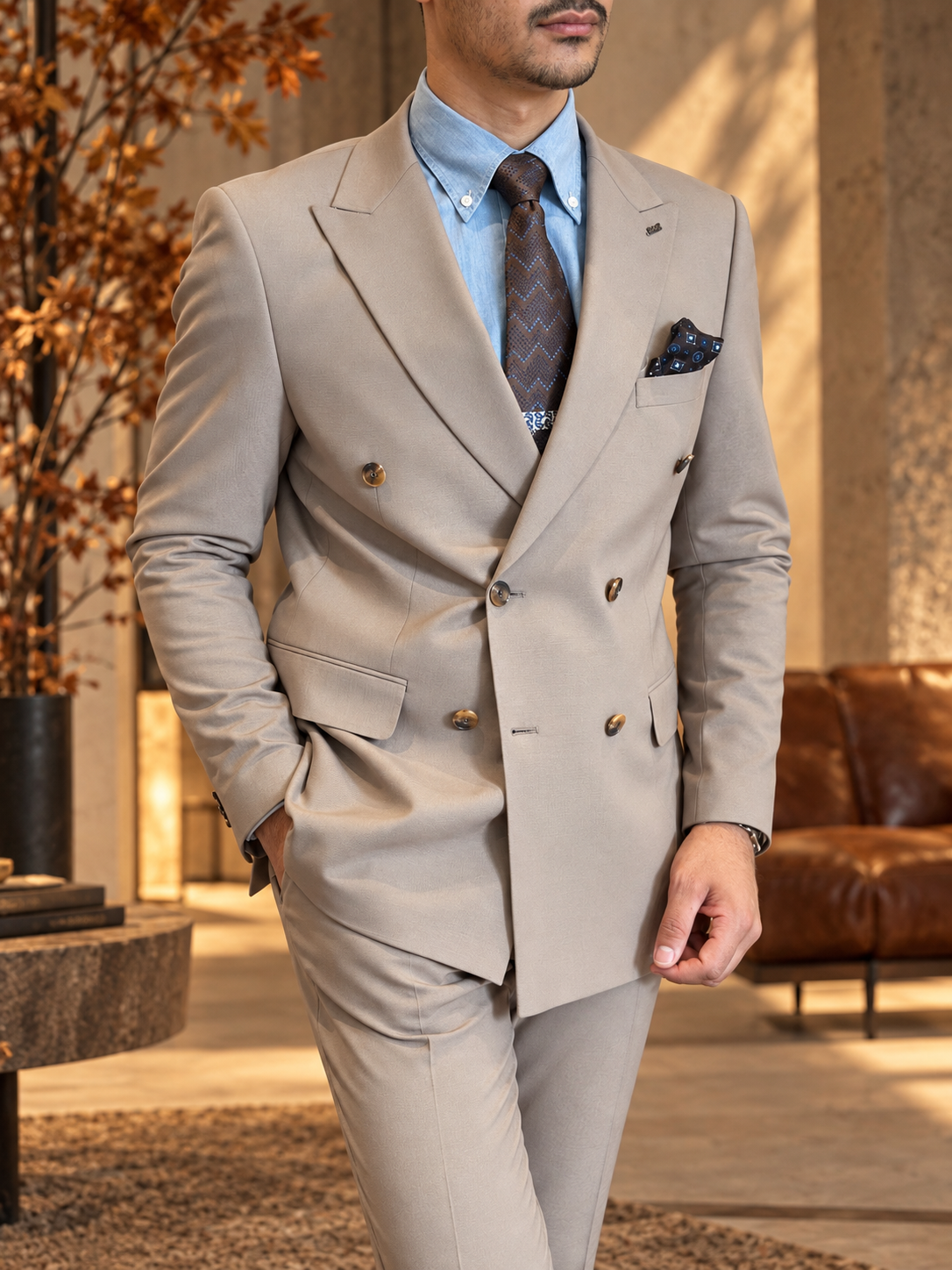 Erkek Slim Fit Vizon Renk Kruvaze Takım Elbise