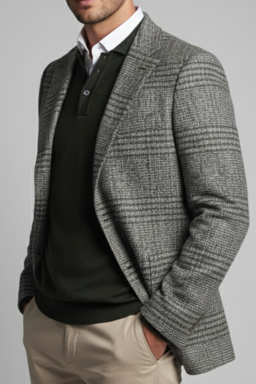 Erkek Slim Fit Yeşil Renk Ekose Yün Ceket