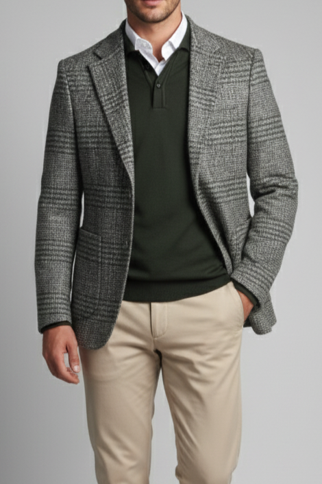 Erkek Slim Fit Yeşil Renk Ekose Yün Ceket