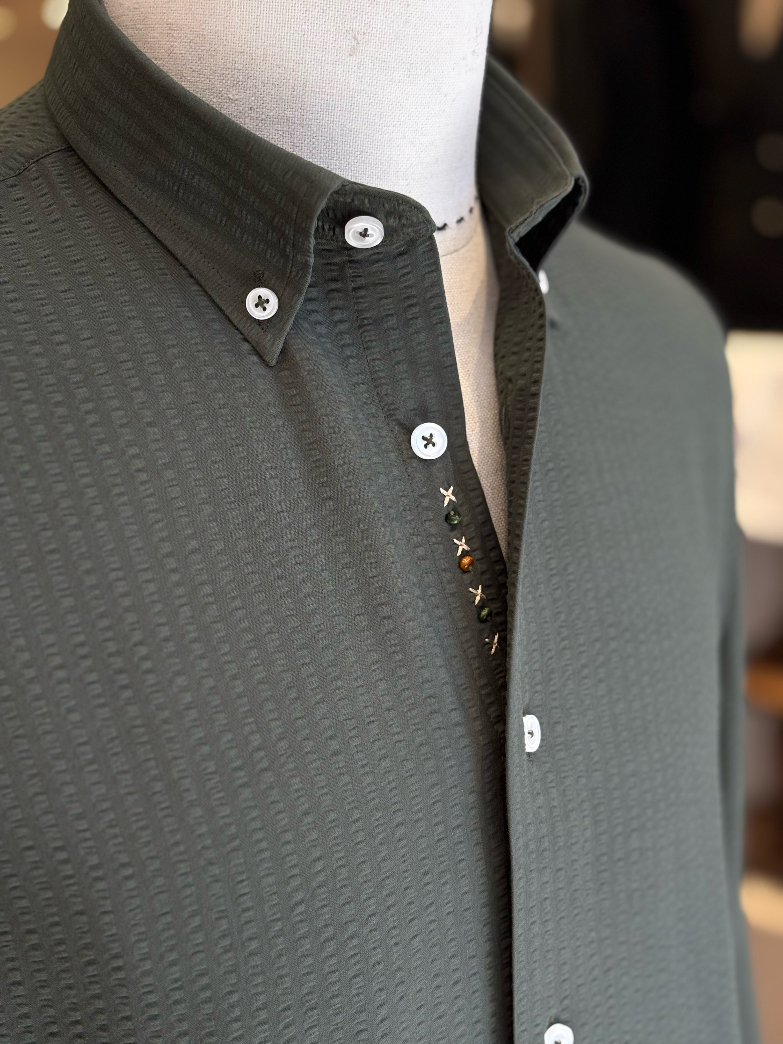 Erkek Slim Fit Yeşil Renk Gofre Gömlek