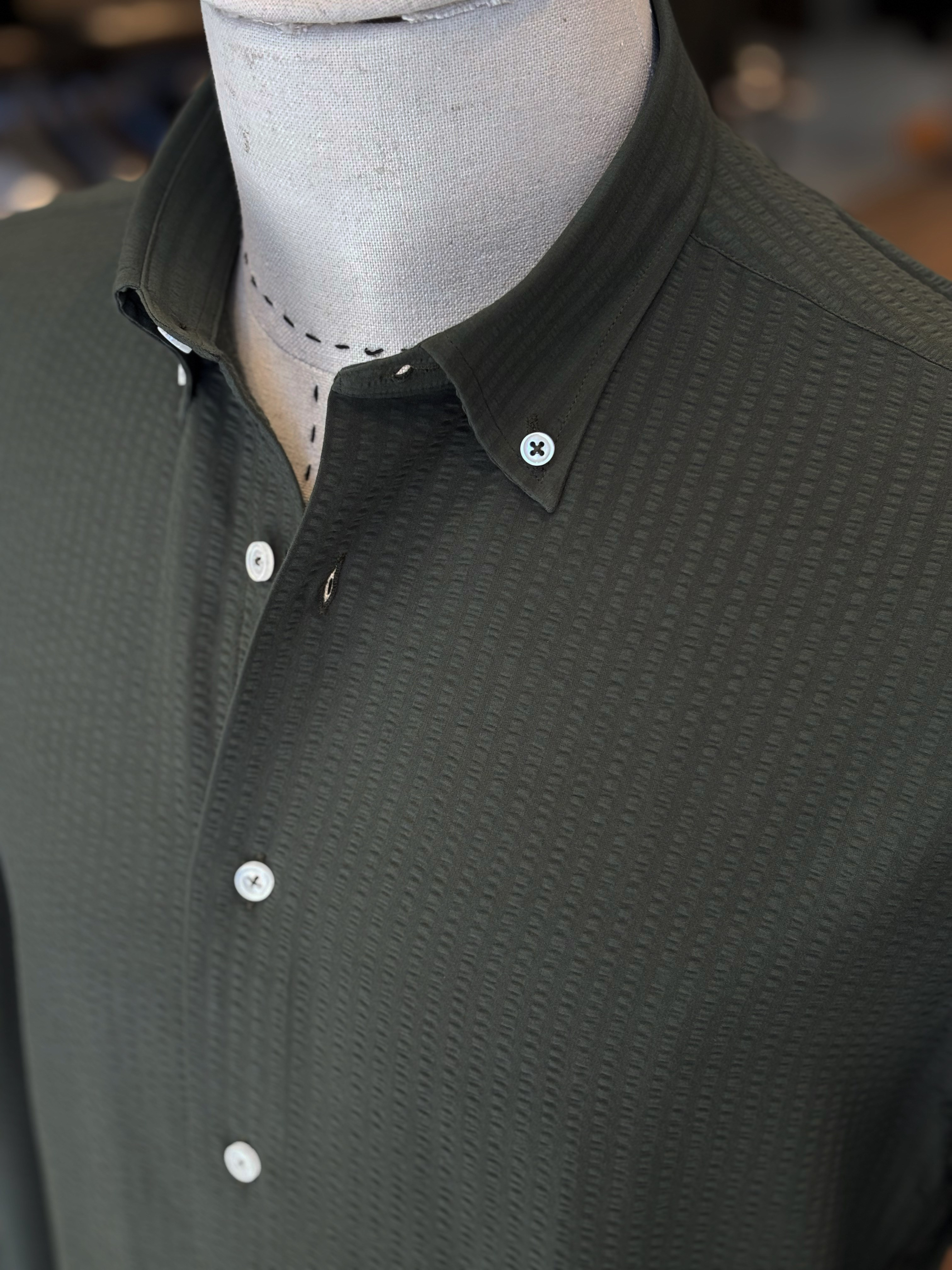 Erkek Slim Fit Yeşil Renk Gofre Gömlek