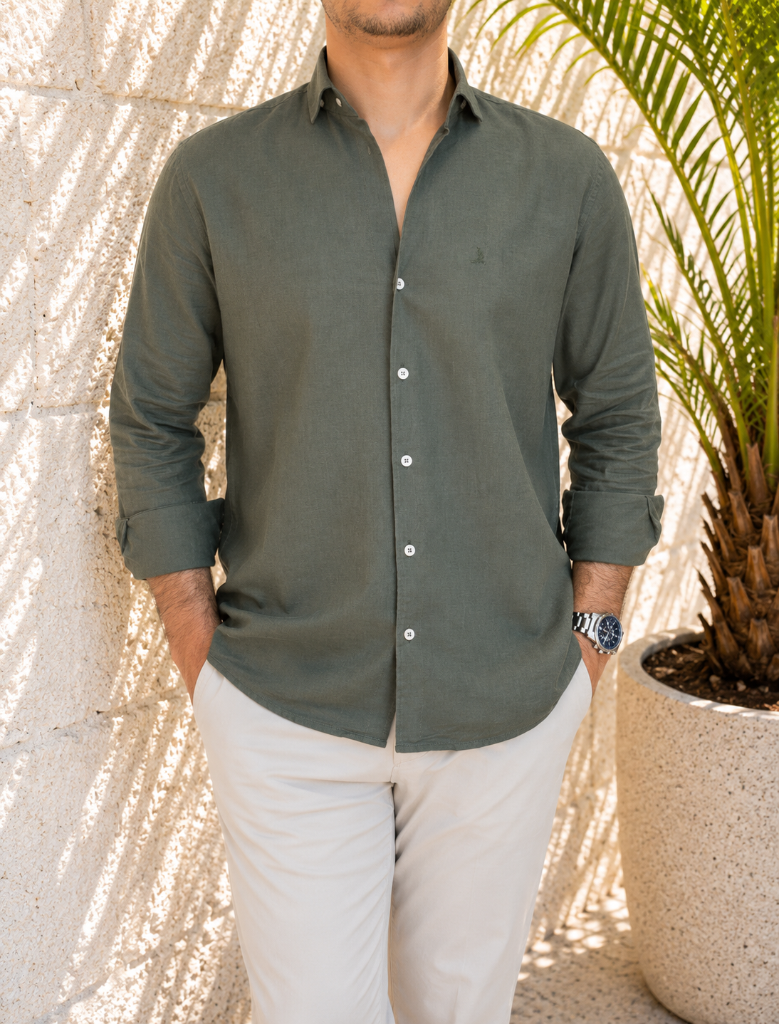 Erkek Slim Fit Yeşil Renk Keten Gömlek