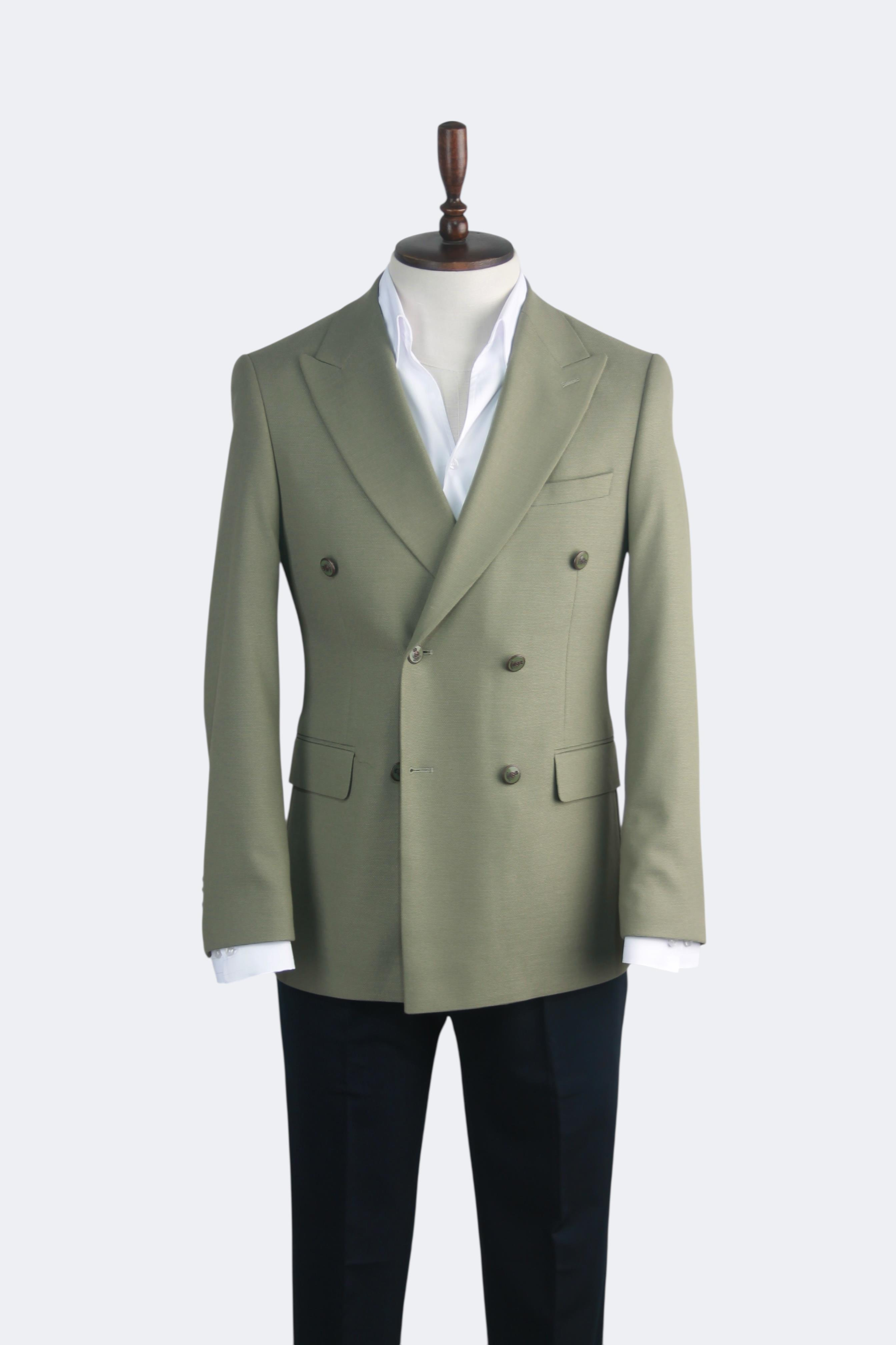 Erkek Slim Fit Yeşil Renk Kruvaze Ceket